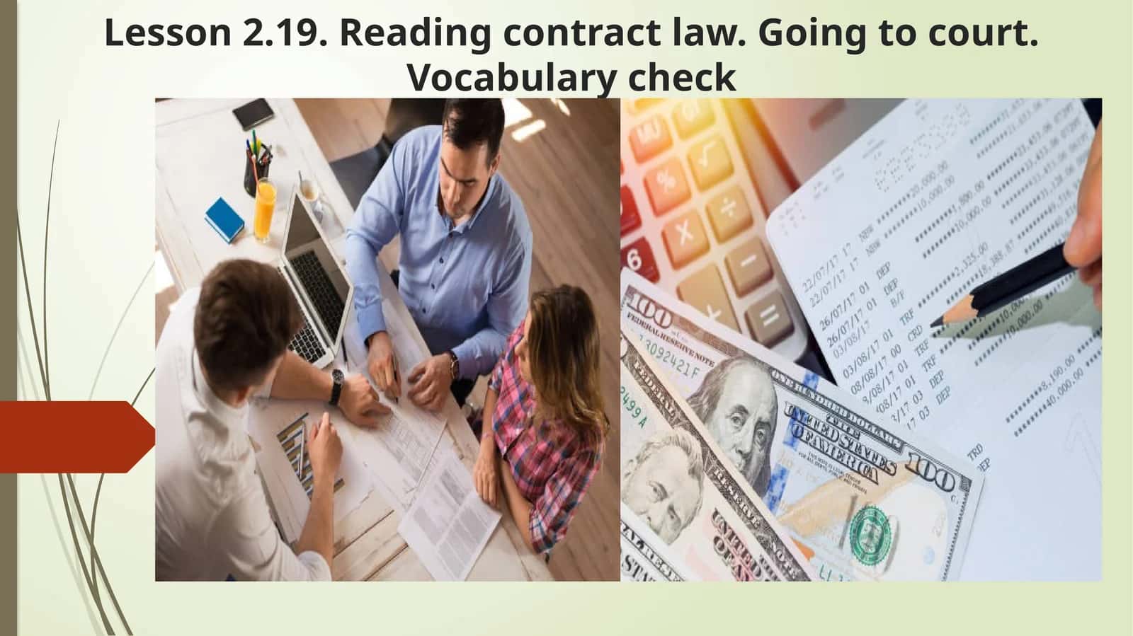Lesson 2.19. Reading contract law. Going to court.Vocabularycheck 1
