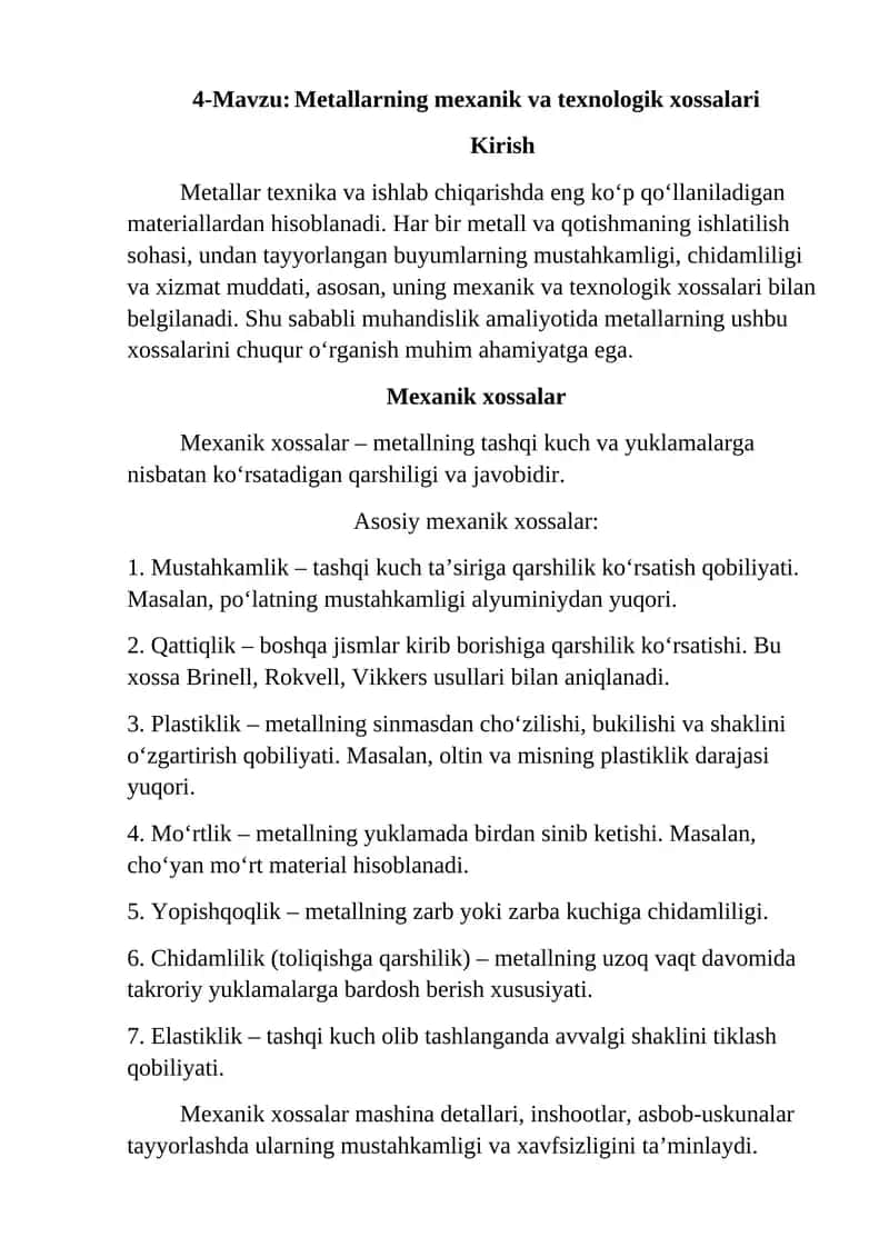 Metallarning mexanik va texnologik xossalari 1