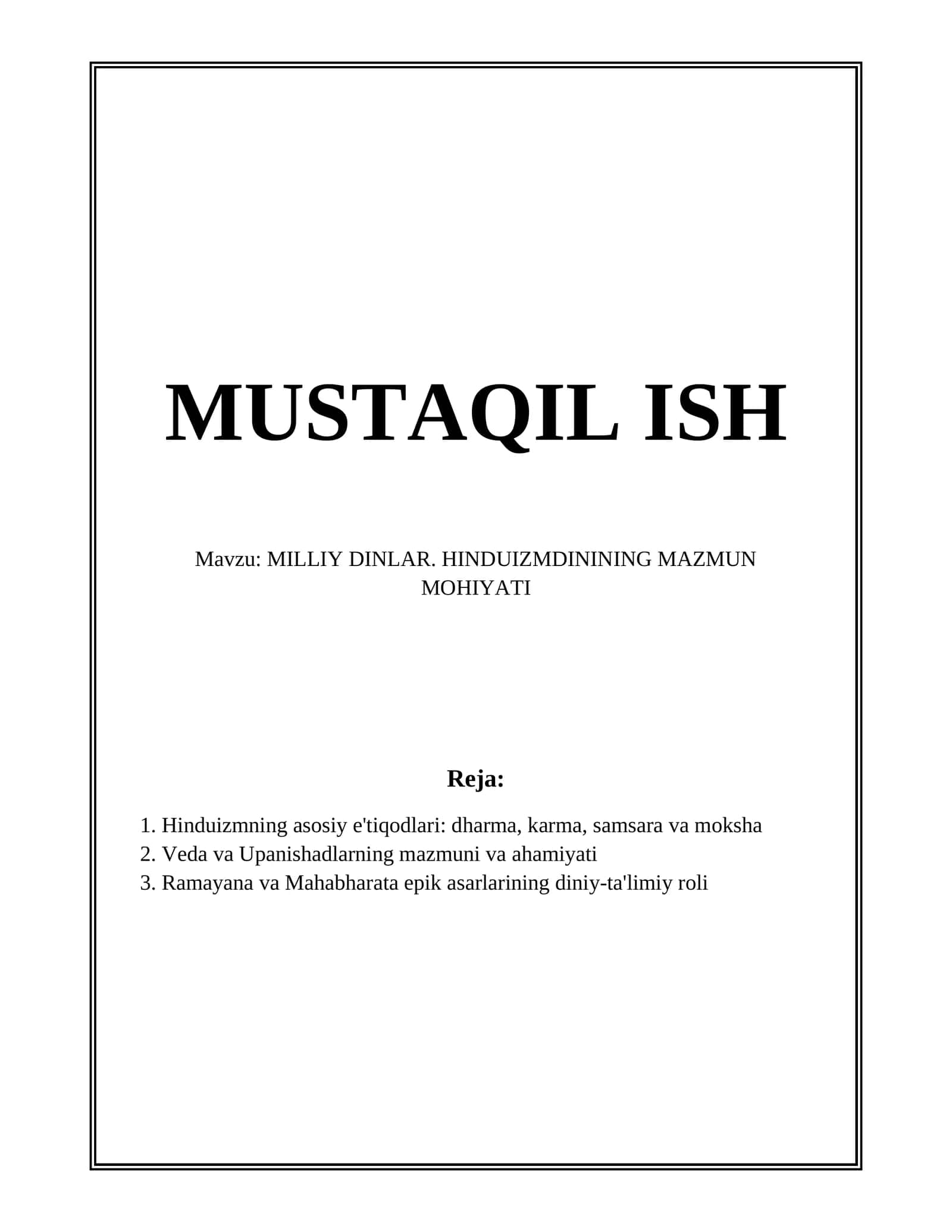 MILLIY DINLAR. HINDUIZMDININING MAZMUN MOHIYATI 1