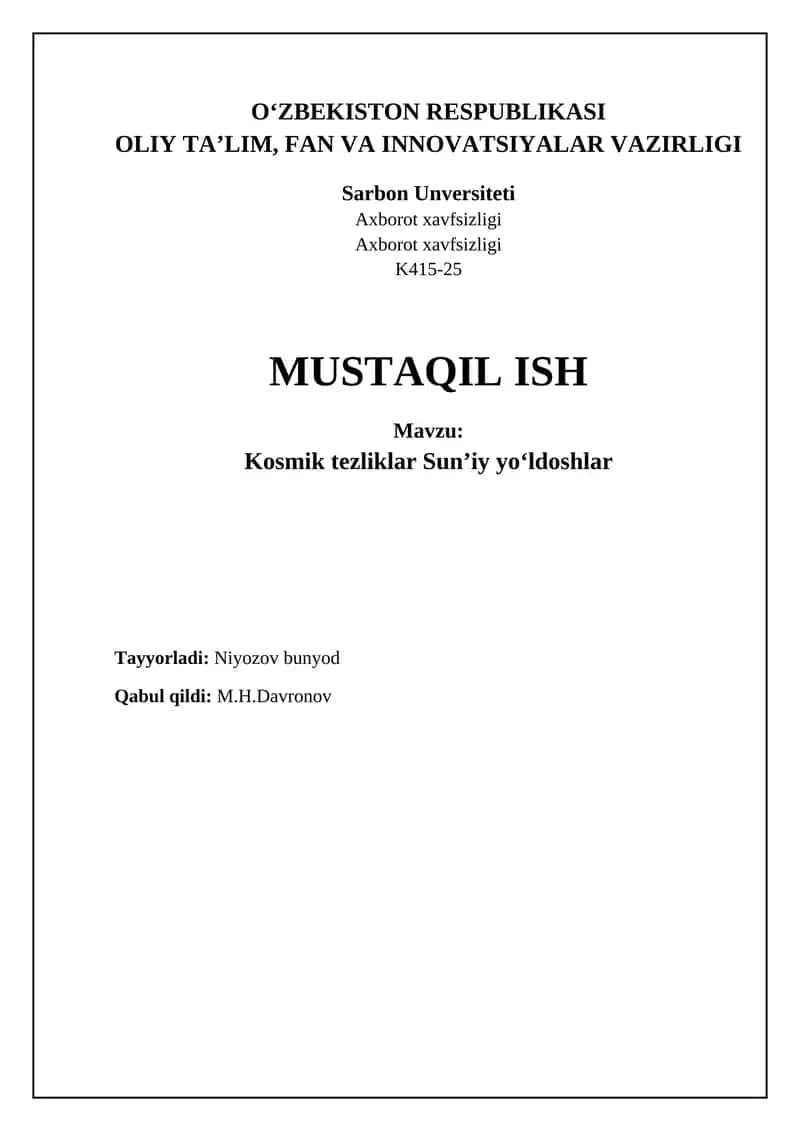 Kosmik tezliklar va sun'iy yo'ldosh orbitasining asoslari 1