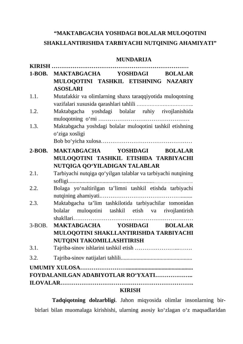 “MAKTABGACHA YOSHDAGI BOLALAR MULOQOTINI SHAKLLANTIRISHDA TARBIYACHI NUTQINING AHAMIYATI” 1