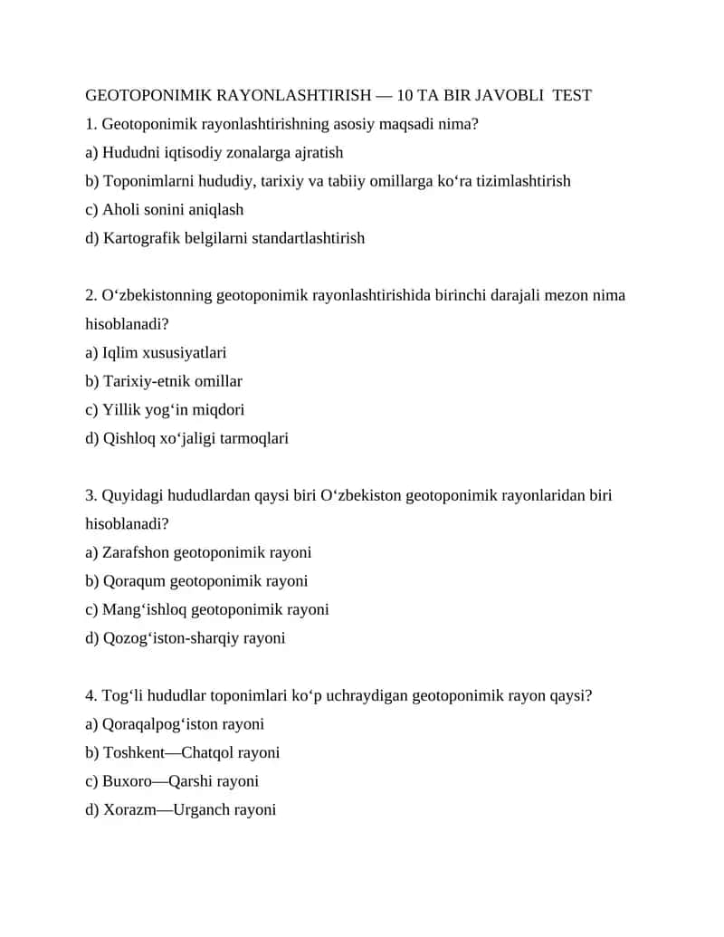 GEOTOPONIMIK RAYONLASHTIRISH — 10 TA BIR JAVOBLI TEST 1