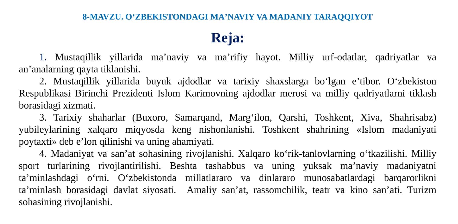 O‘ZBEKISTONDAGI MAʼNAVIY VA MADANIY TARAQQIYOT 1