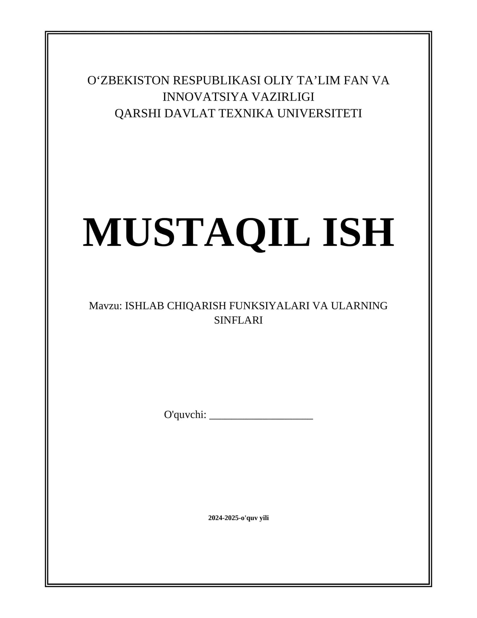 ISHLAB CHIQARISH FUNKSIYALARI VA ULARNING SINFLARI 1