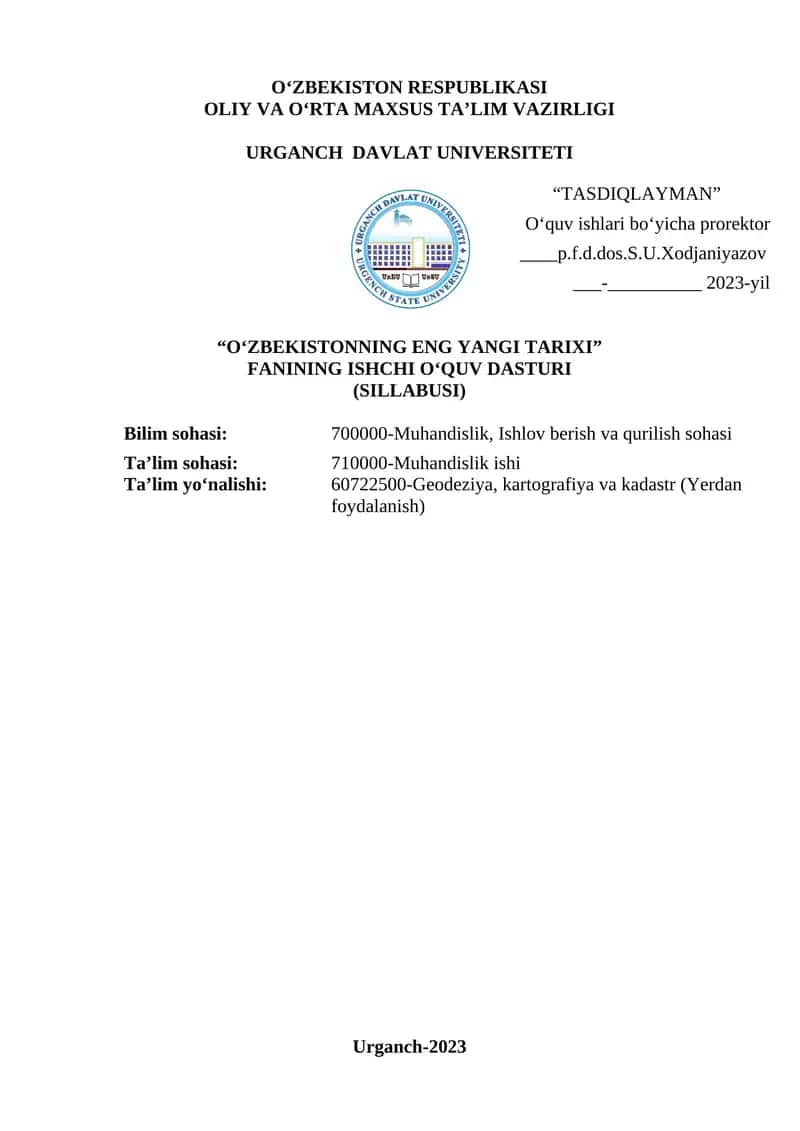 O‘zbekistonning eng yangi tarixi fanining ishchi o‘quv dasturi 1