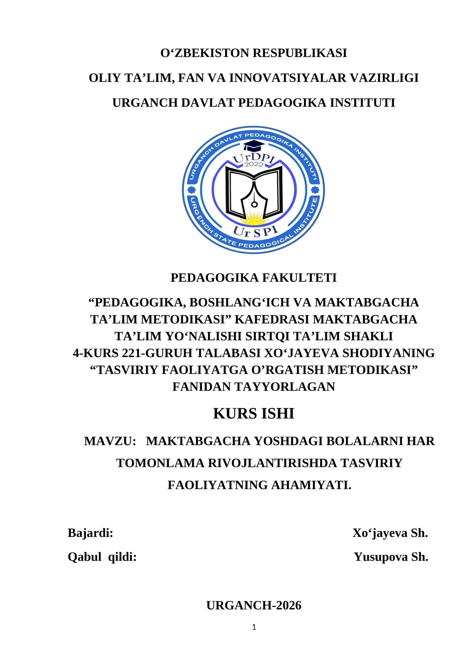 TASVIRIY FAOLIYATGA O'RGATISH METODIKASI 1