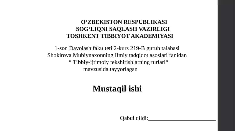 Tibbiy-ijtimoiy tekshirishlarning turlari 1