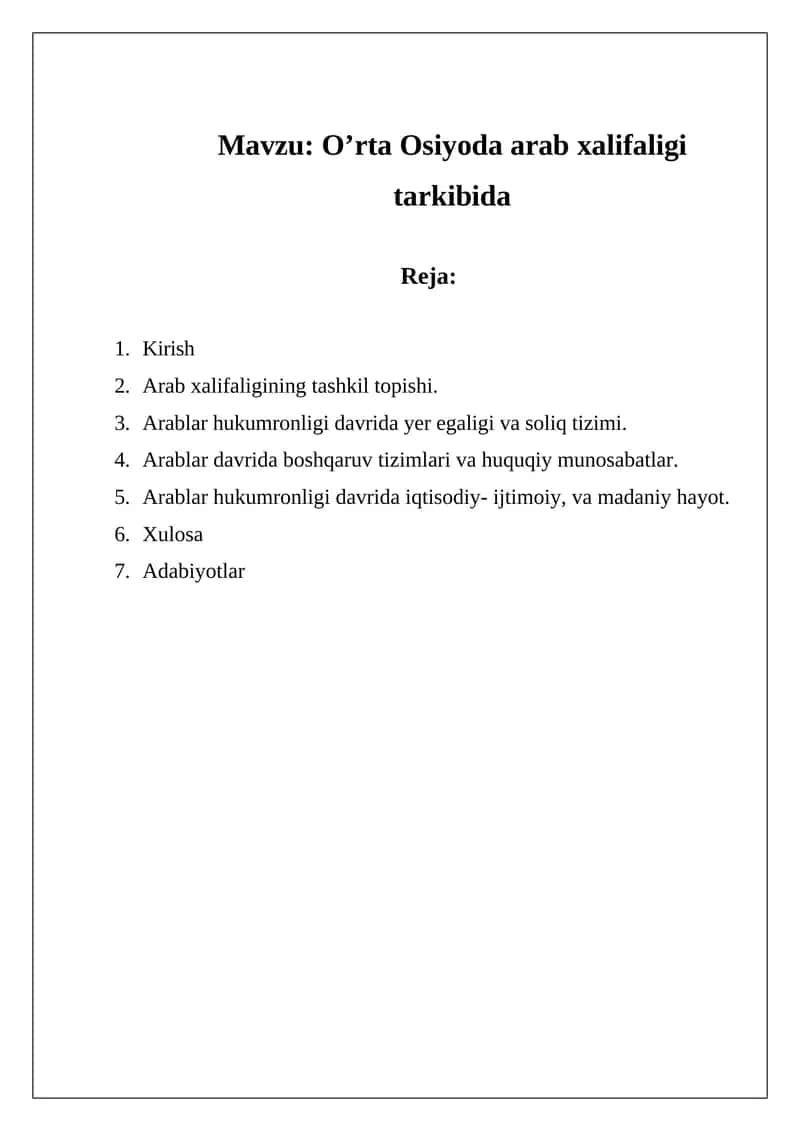 O’rta Osiyoda arab xalifaligi tarkibida 1