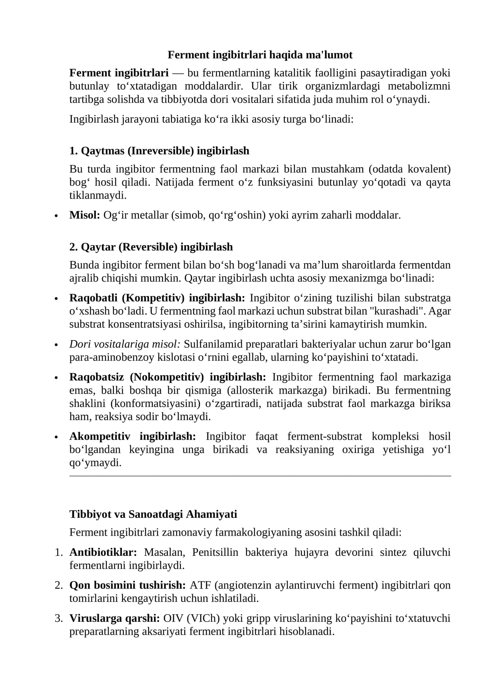 Ferment ingibitrlari haqida ma'lumot 1