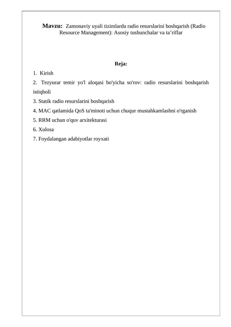 Zamonaviy uyali tizimlarda radio resurslarini boshqarish (Radio Resource Management): Asosiy tushunchalar va ta’riflar 1