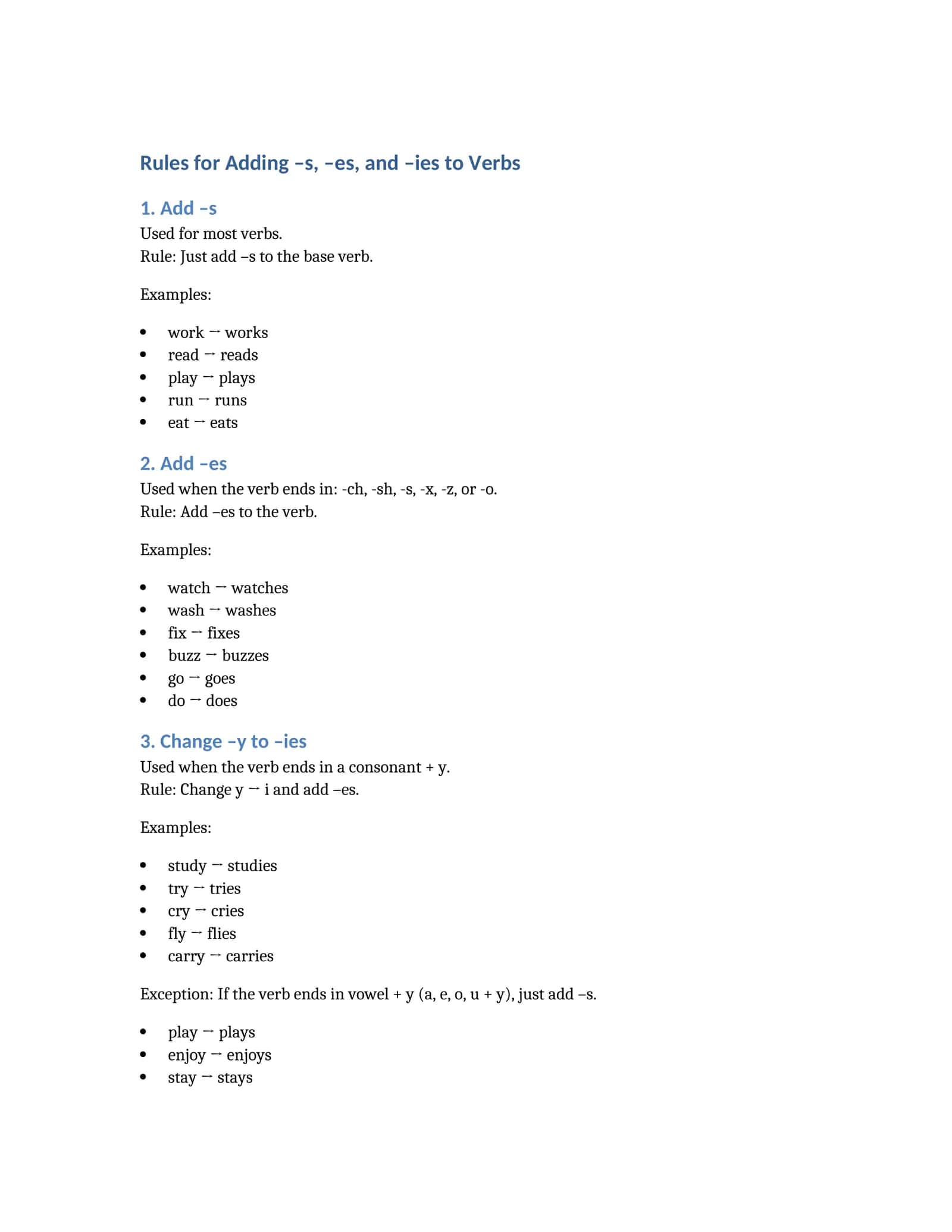 Rules for Adding –s, –es, and –ies to Verbs 1