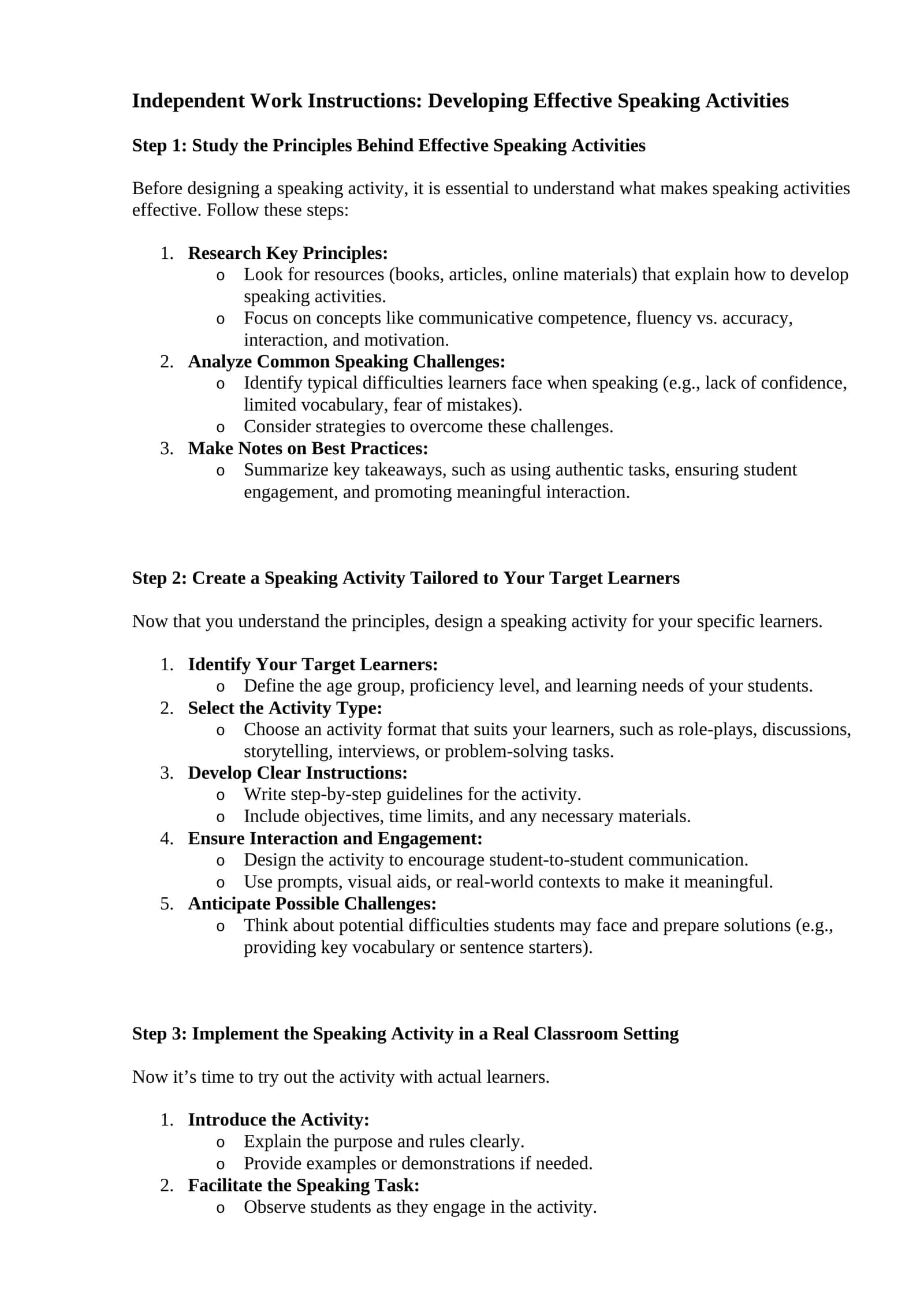 Independent Work Instructions: Developing Effective Speaking Activities 1