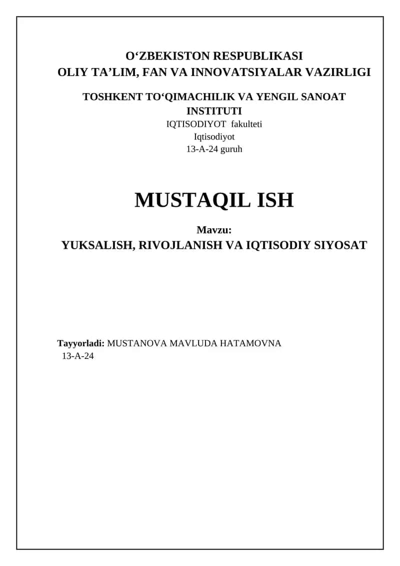 Yuksalish nazariyasi va iqtisodiy siyosat asoslari 1