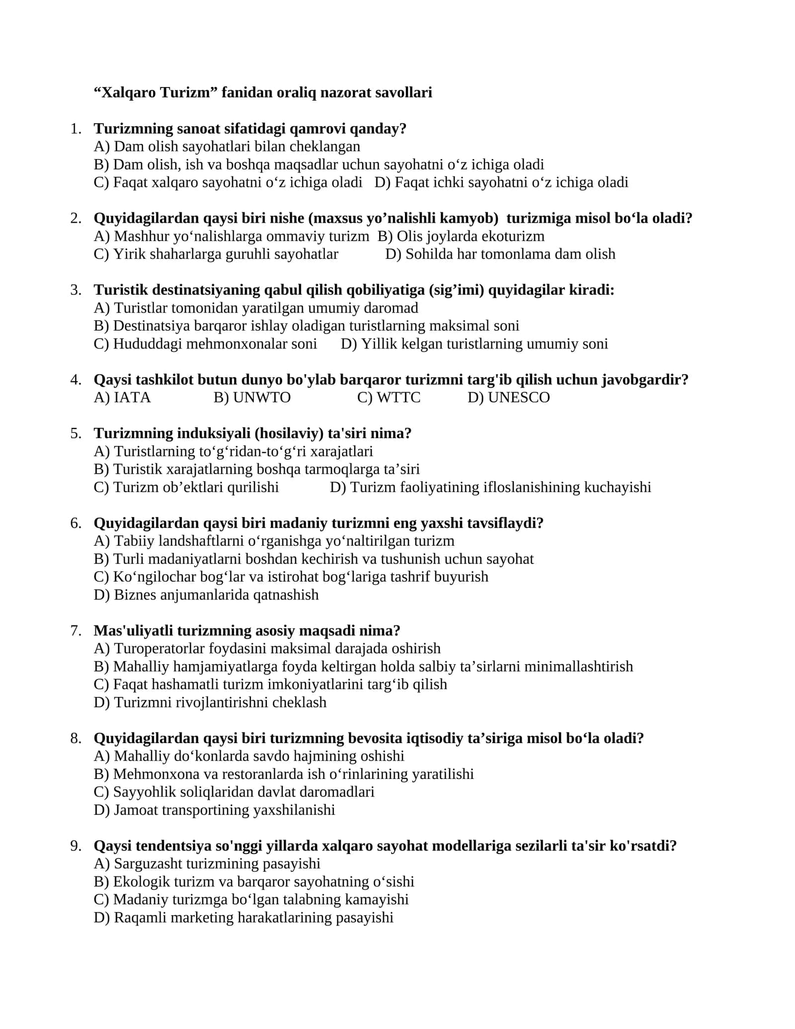 Xalqaro Turizm Fanidan Oraliq Nazorat Savollari 1