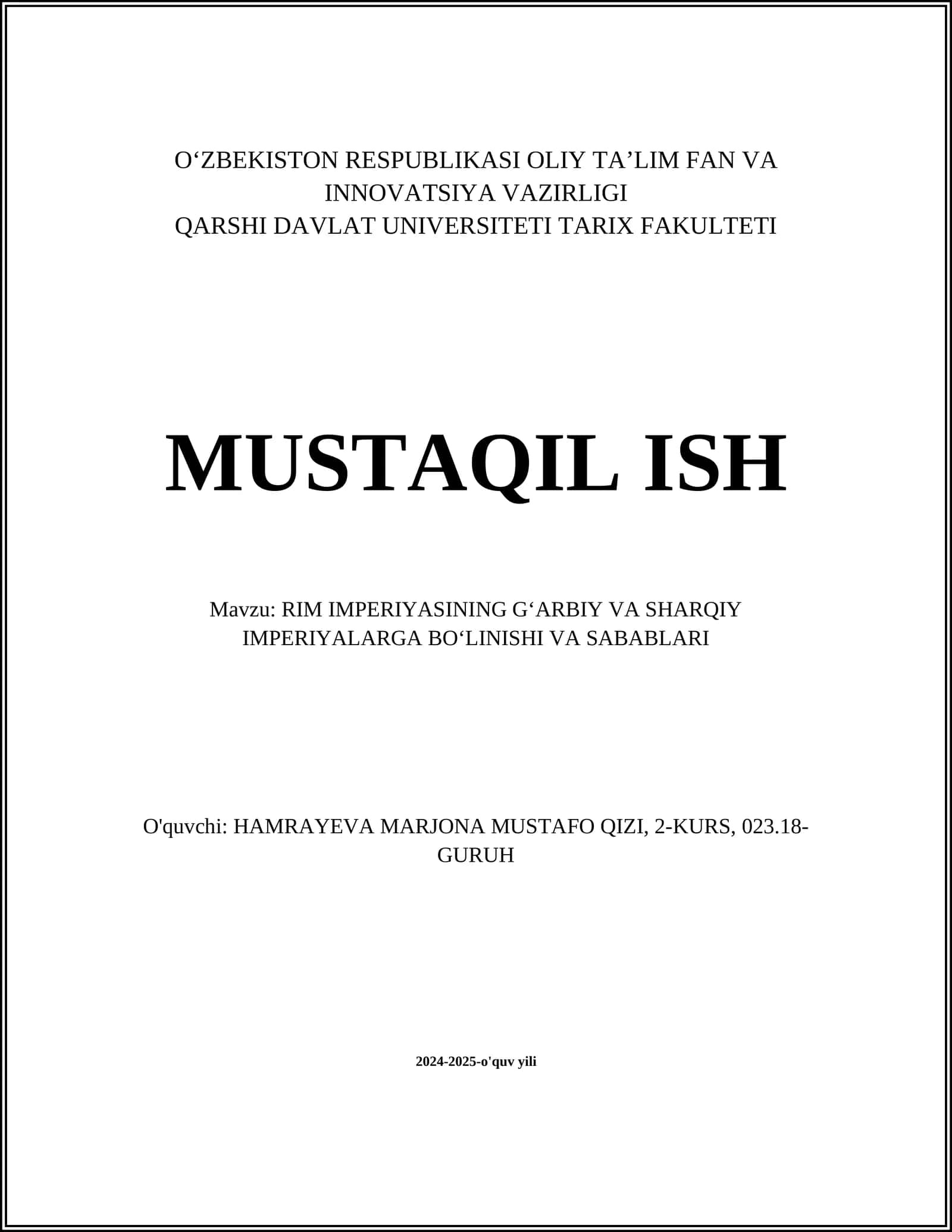 RIM IMPERIYASINING GʻARBIY VA SHARQIY IMPERIYALARGA BOʻLINISHI VA SABABLARI 1