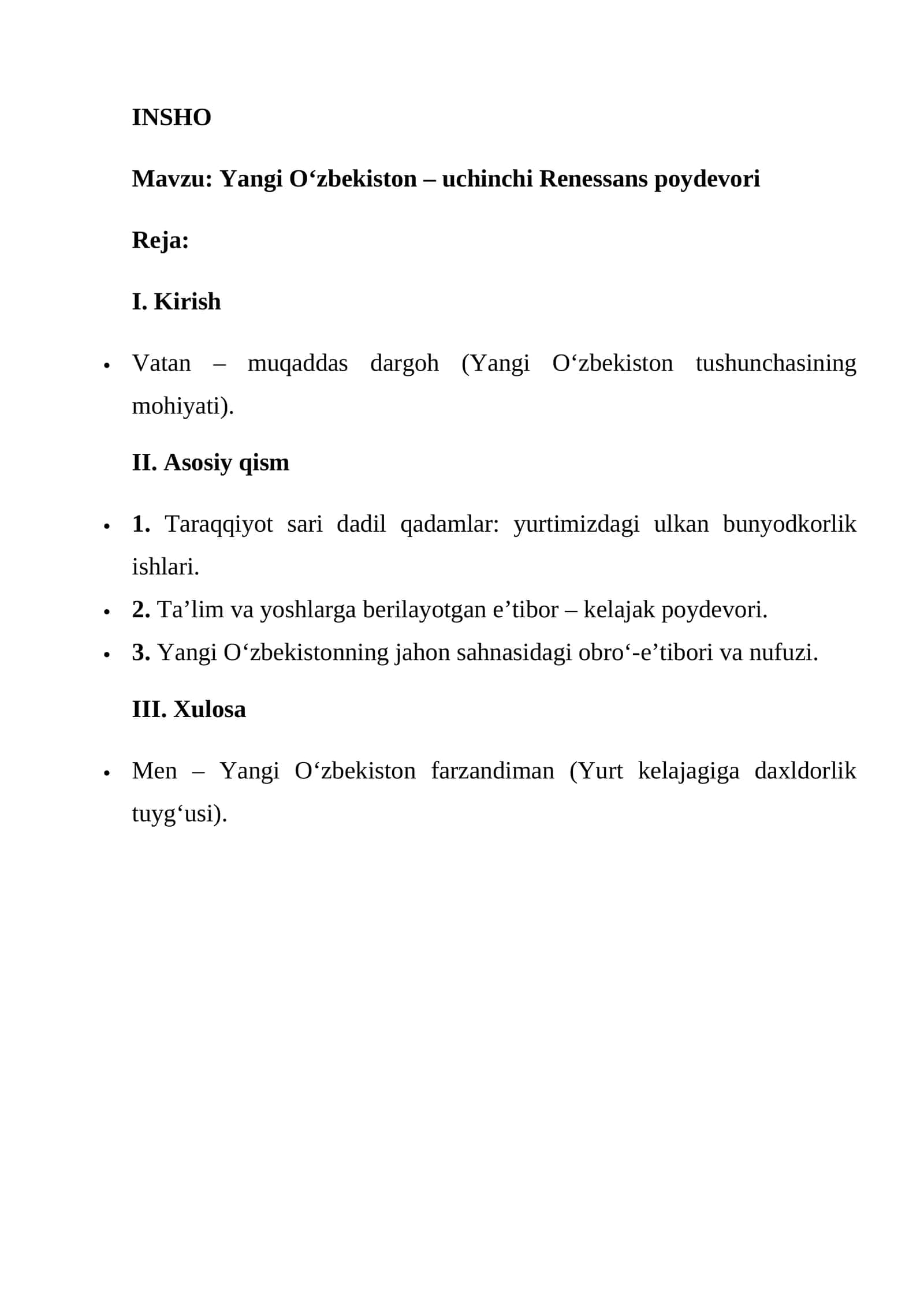 Yangi O‘zbekiston – uchinchi Renessans poydevori   INSHO 1