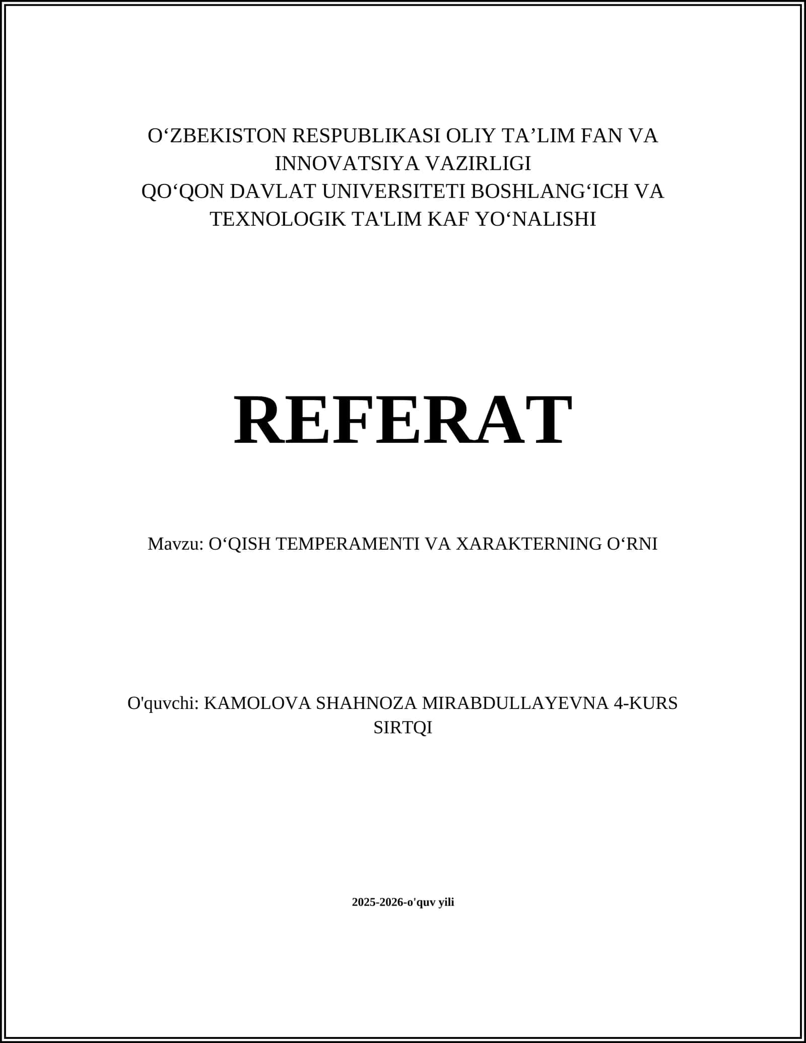 OʻQISH TEMPERAMENTI VA XARAKTERNING OʻRNI 1