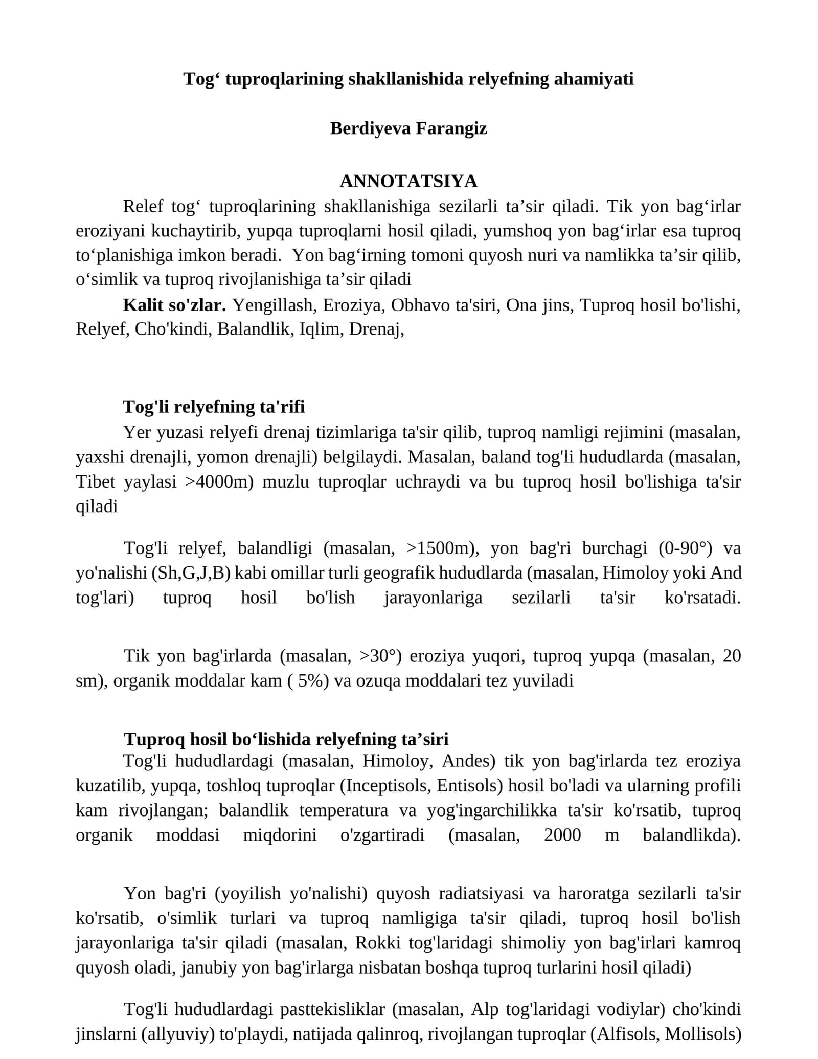 Tog' tuproqlarining shakllanishida relyefning ahamiyati 1