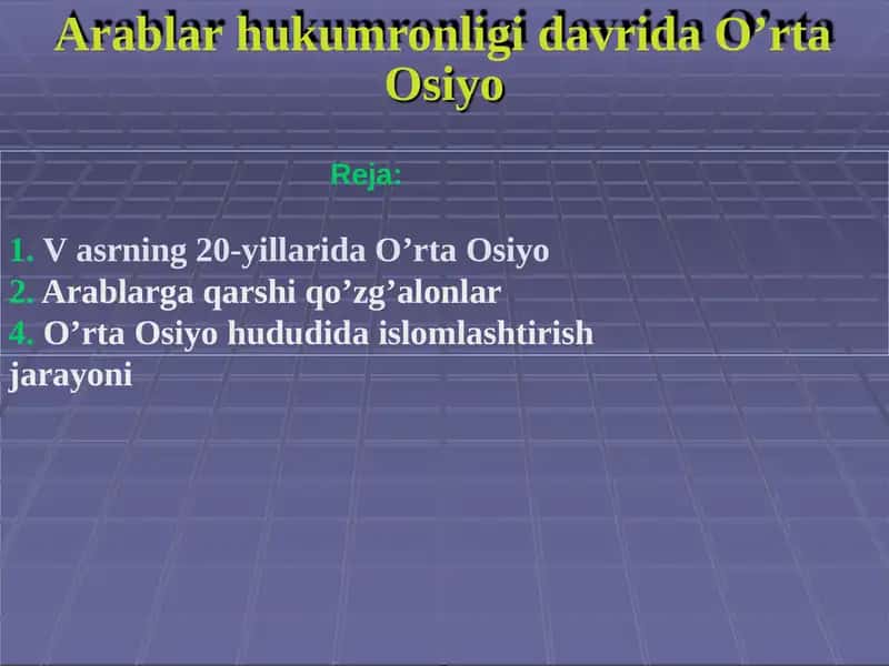 Arablar hukumronligi davri O'rta Osiyo 1