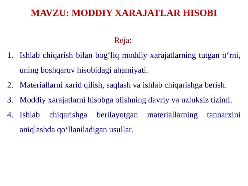 MODDIY XARAJATLAR HISOBI 1