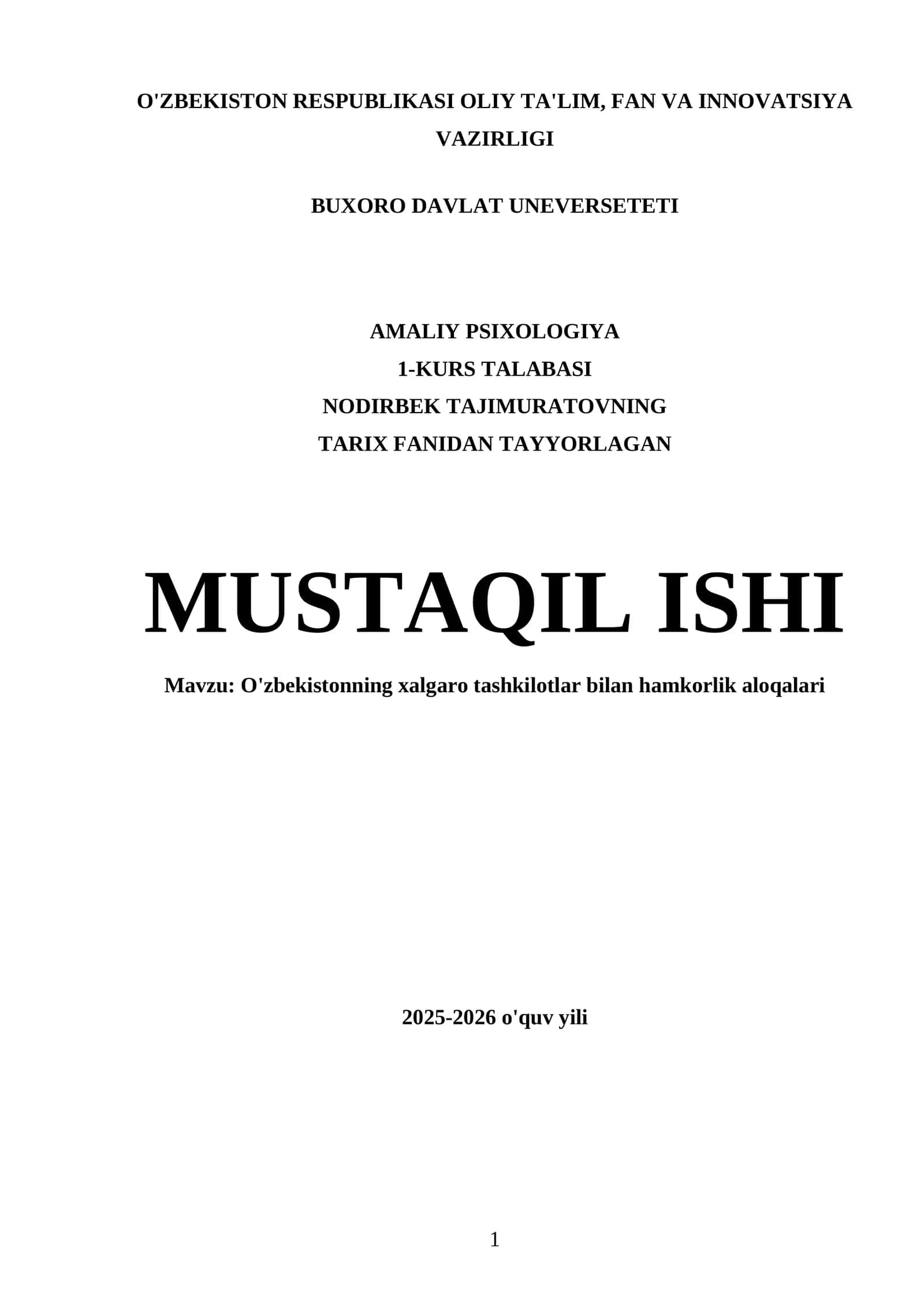 NODIRBEK TAJIMURATOVNING TARIX FANIDAN TAYYORLAGAN MUSTAQIL ISHI 1