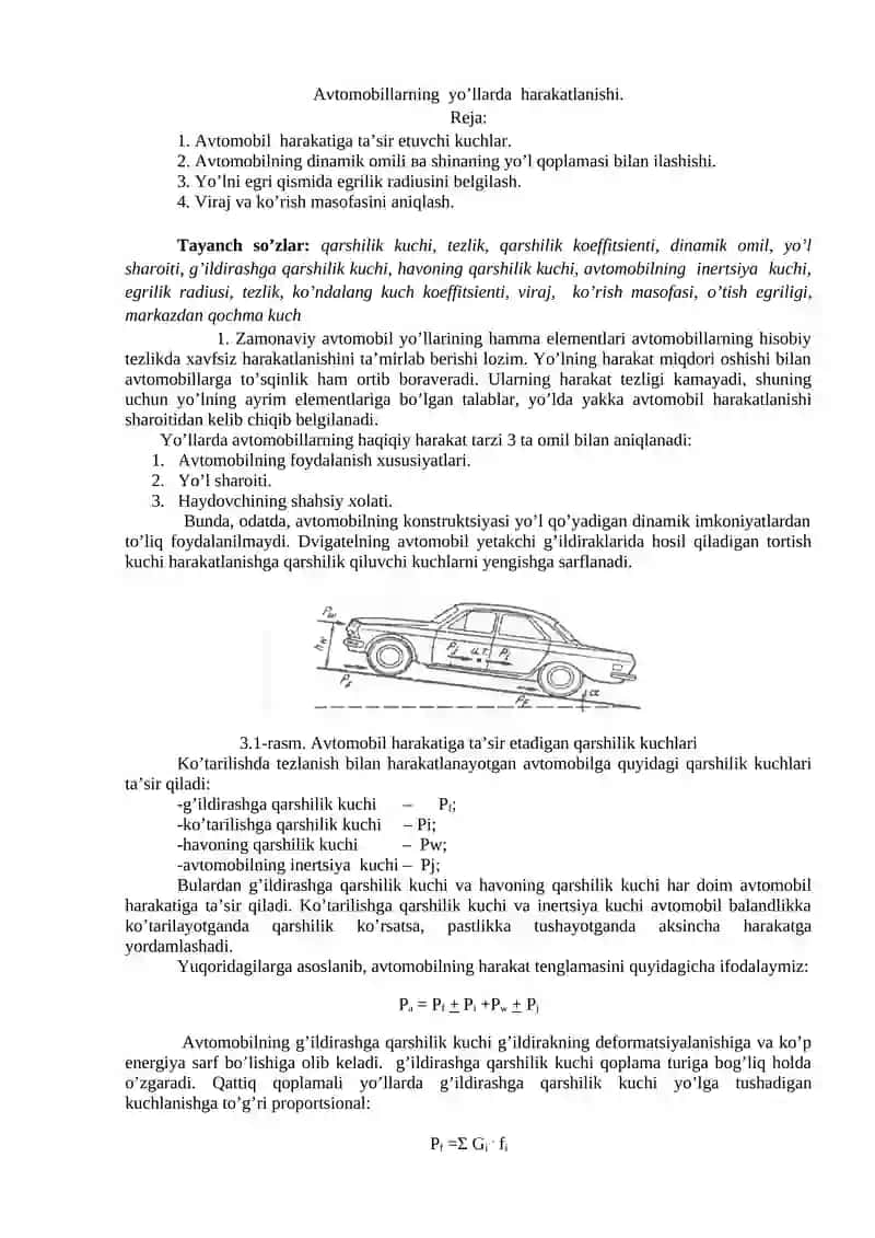 Avtomobillarning yo’llarda harakatlanishi