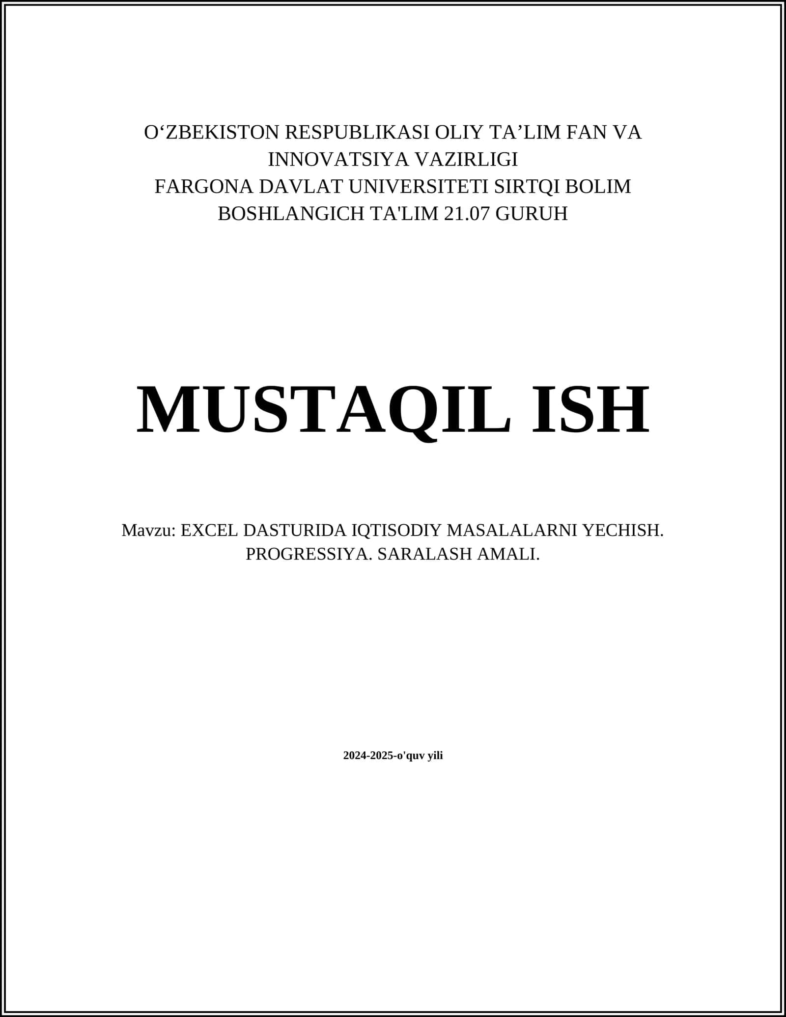 EXCEL DASTURIDA IQTISODIY MASALALARNI YECHISH 1