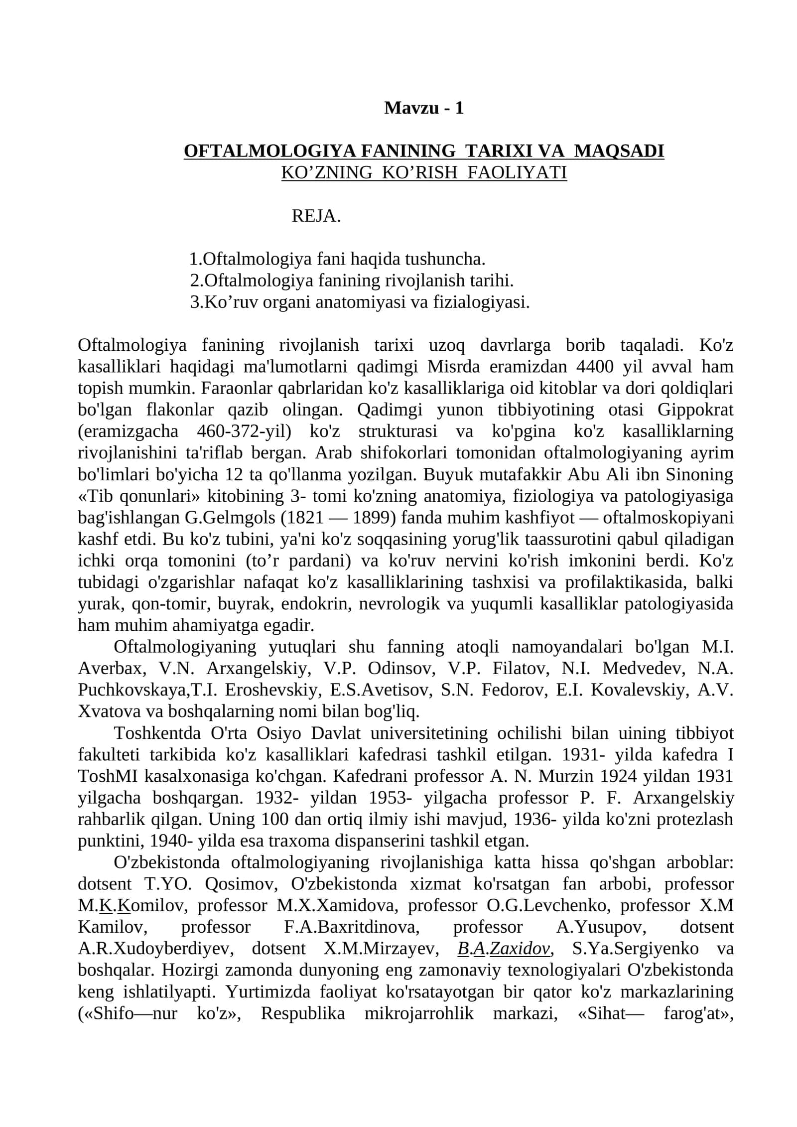 OFTALMOLOGIYA FANINING TARIXI VA MAQSADI 1