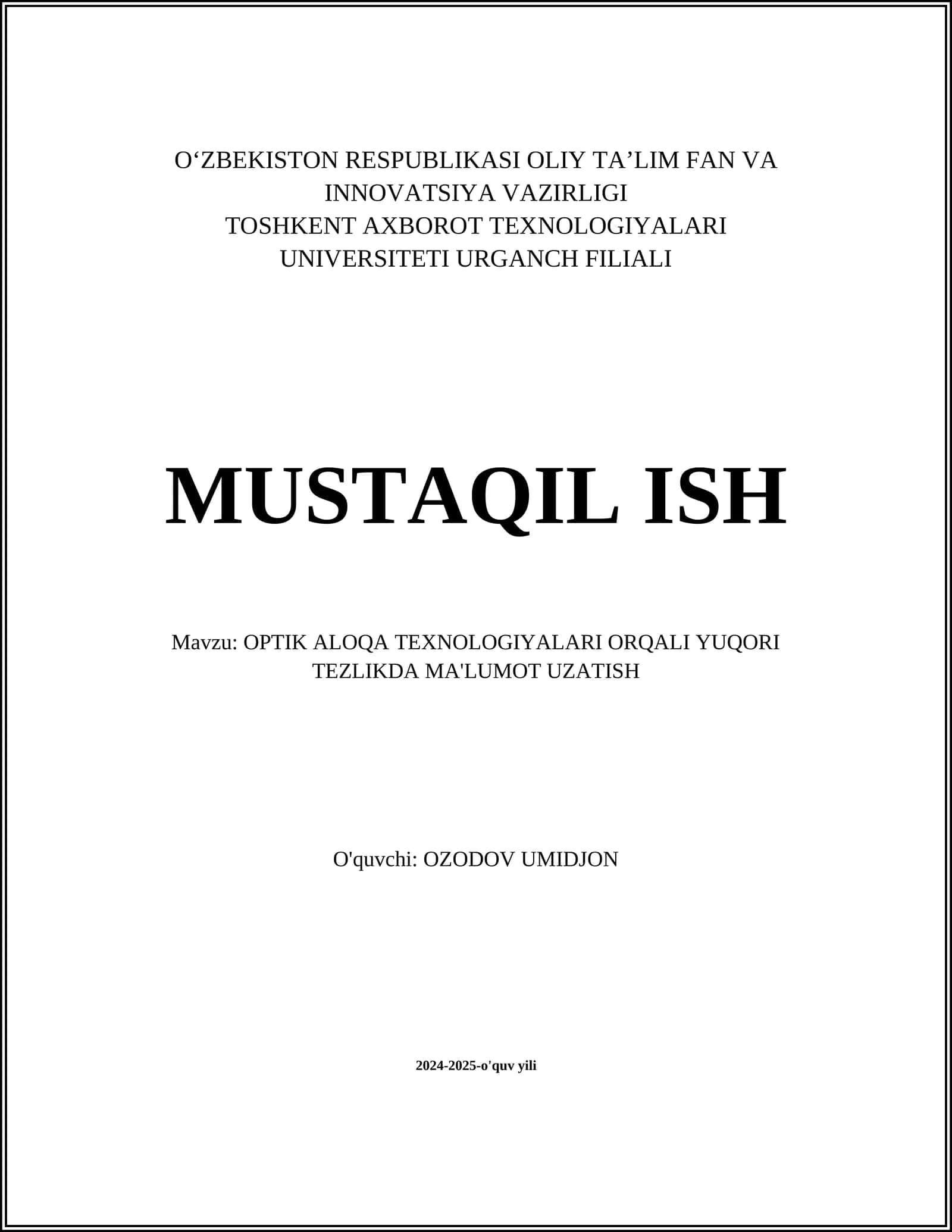 OPTIK ALOQA TEXNOLOGIYALARI ORQALI YUQORI TEZLIKDA MA'LUMOT UZATISH 1