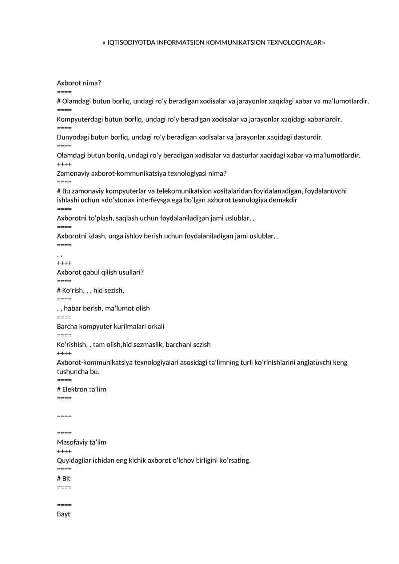 IQTISODIYOTDA INFORMATSION KOMMUNIKATSION TEXNOLOGIYALAR 1