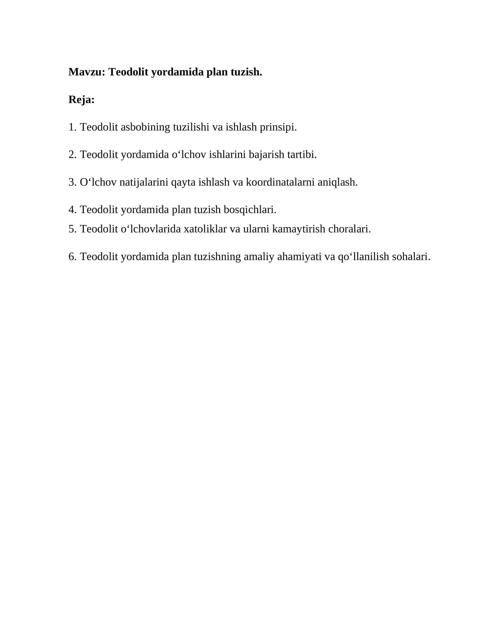 Teodolit yordamida plan tuzish 1