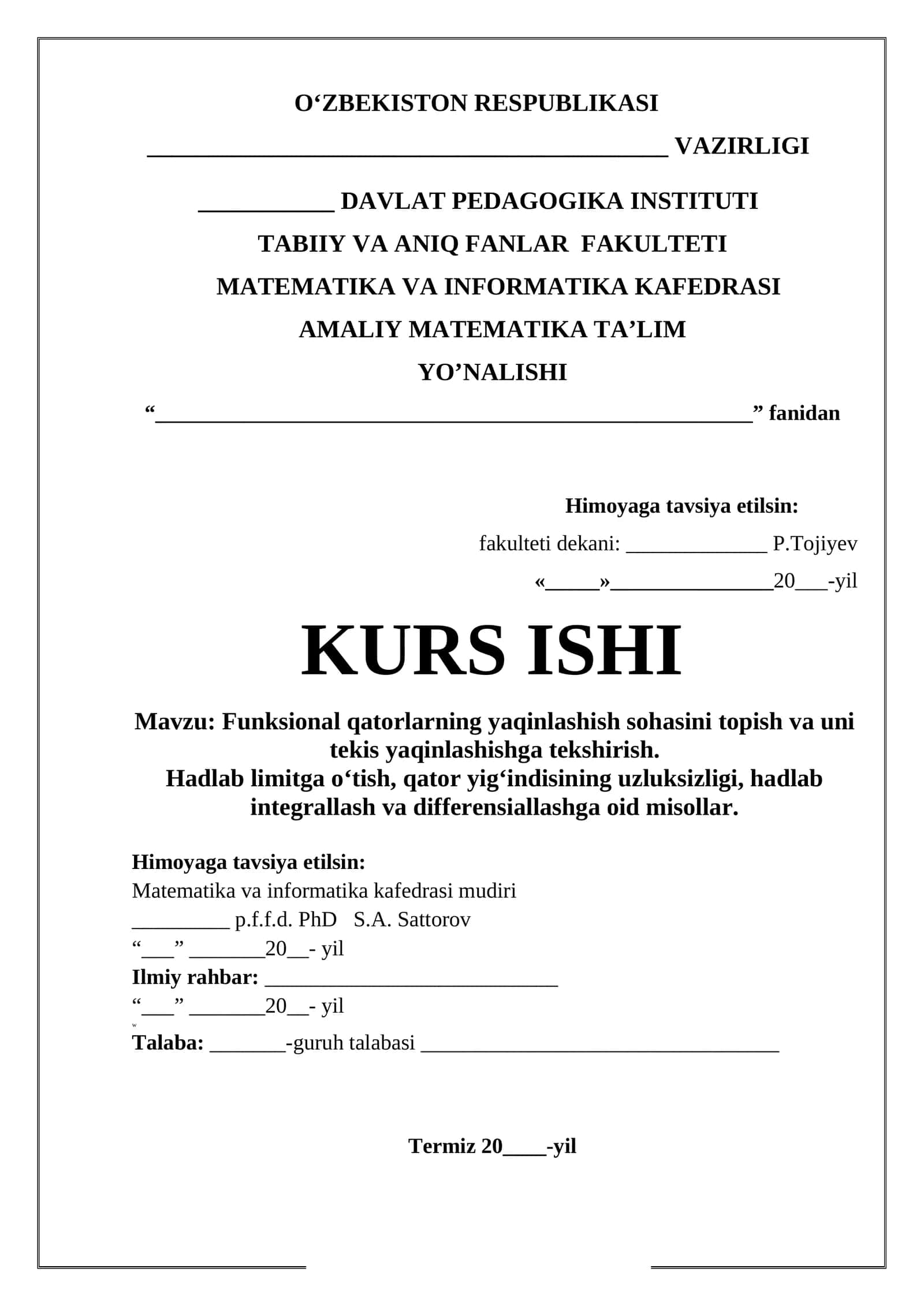 Funksional qatorlarning yaqinlashish sohasini topish va uni tekis yaqinlashishga tekshirish 1