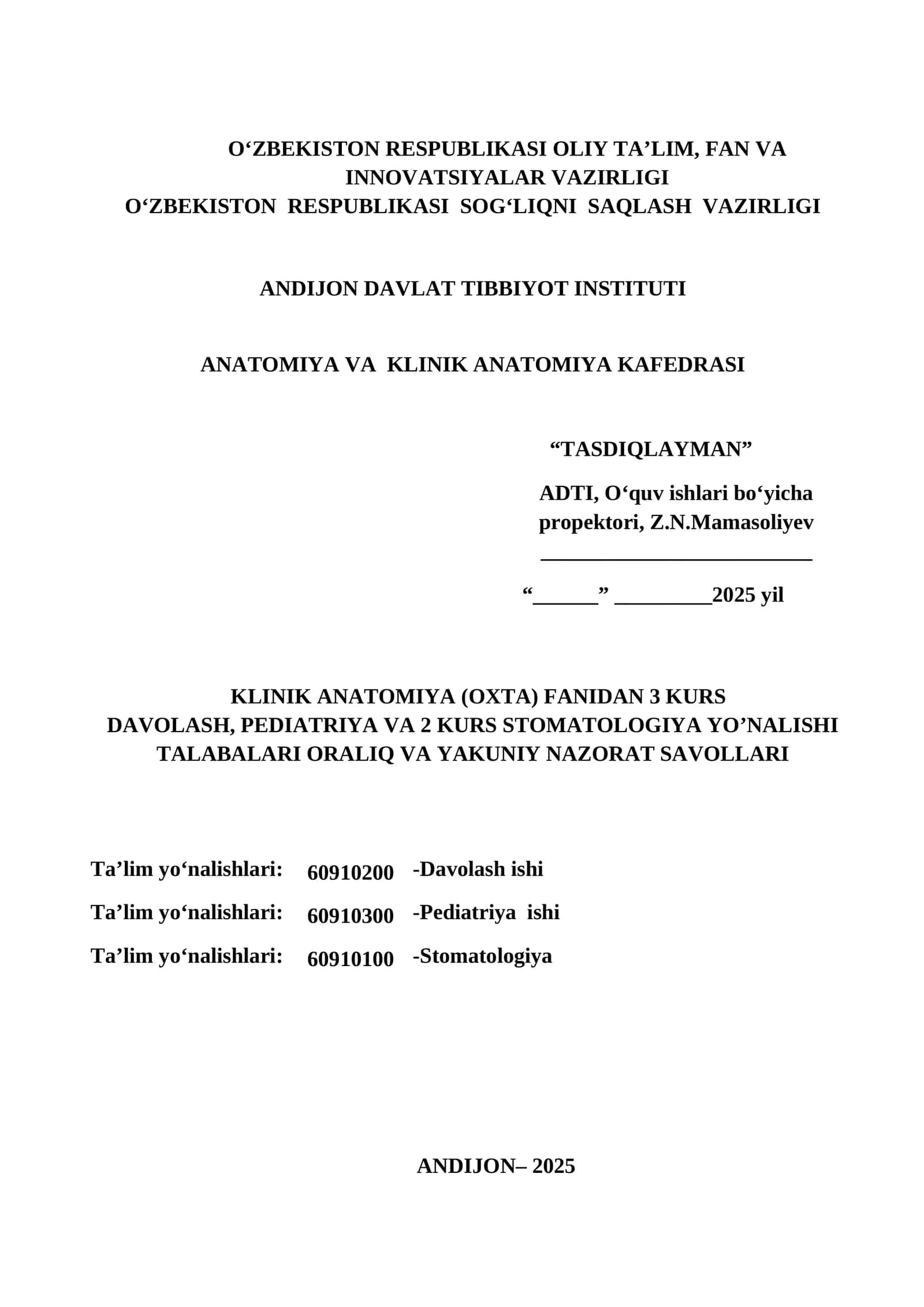 KLINIK ANATOMIYA (OXTA) FANIDAN 3 KURS 1