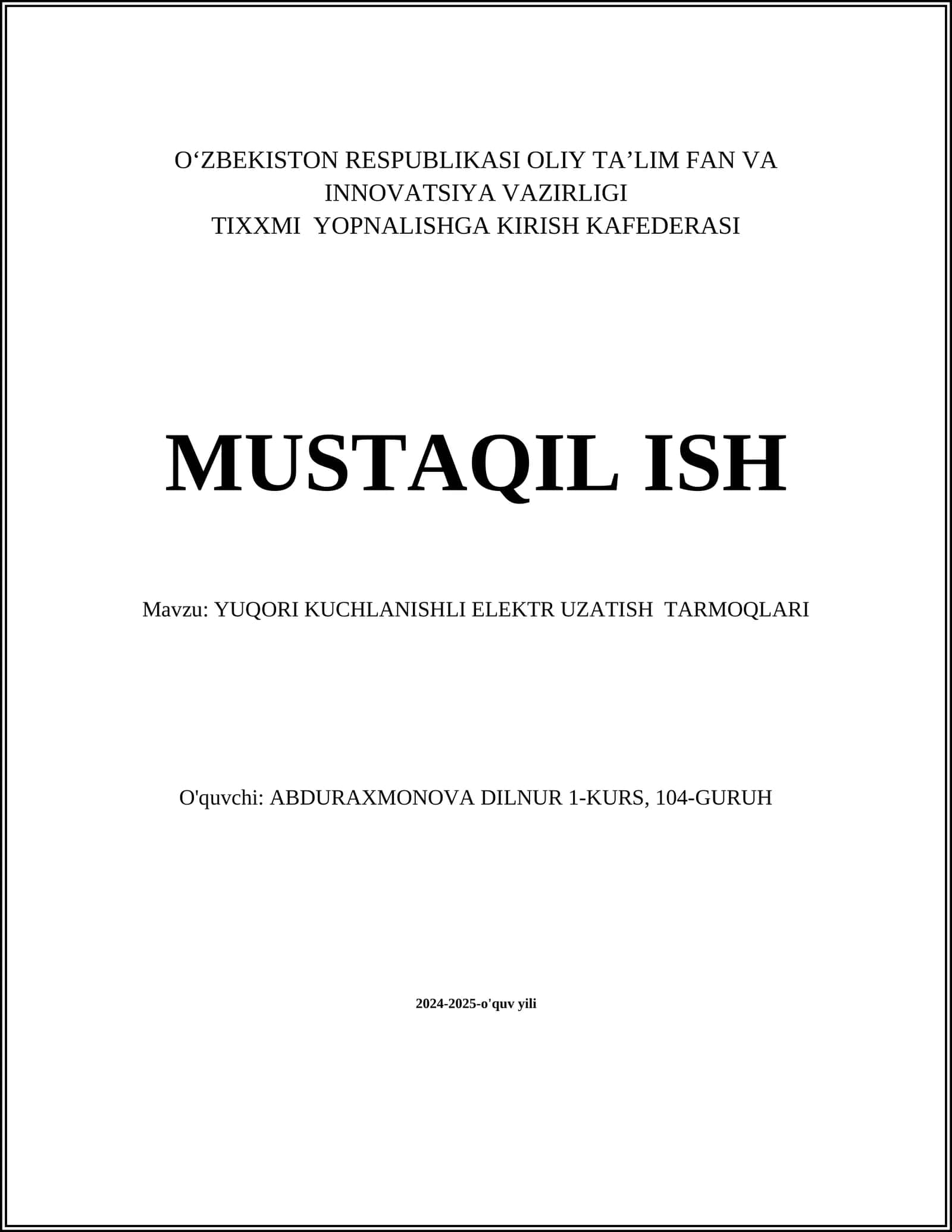 YUQORI KUCHLANISHLI ELEKTR UZATISH TARMOQLARI 1