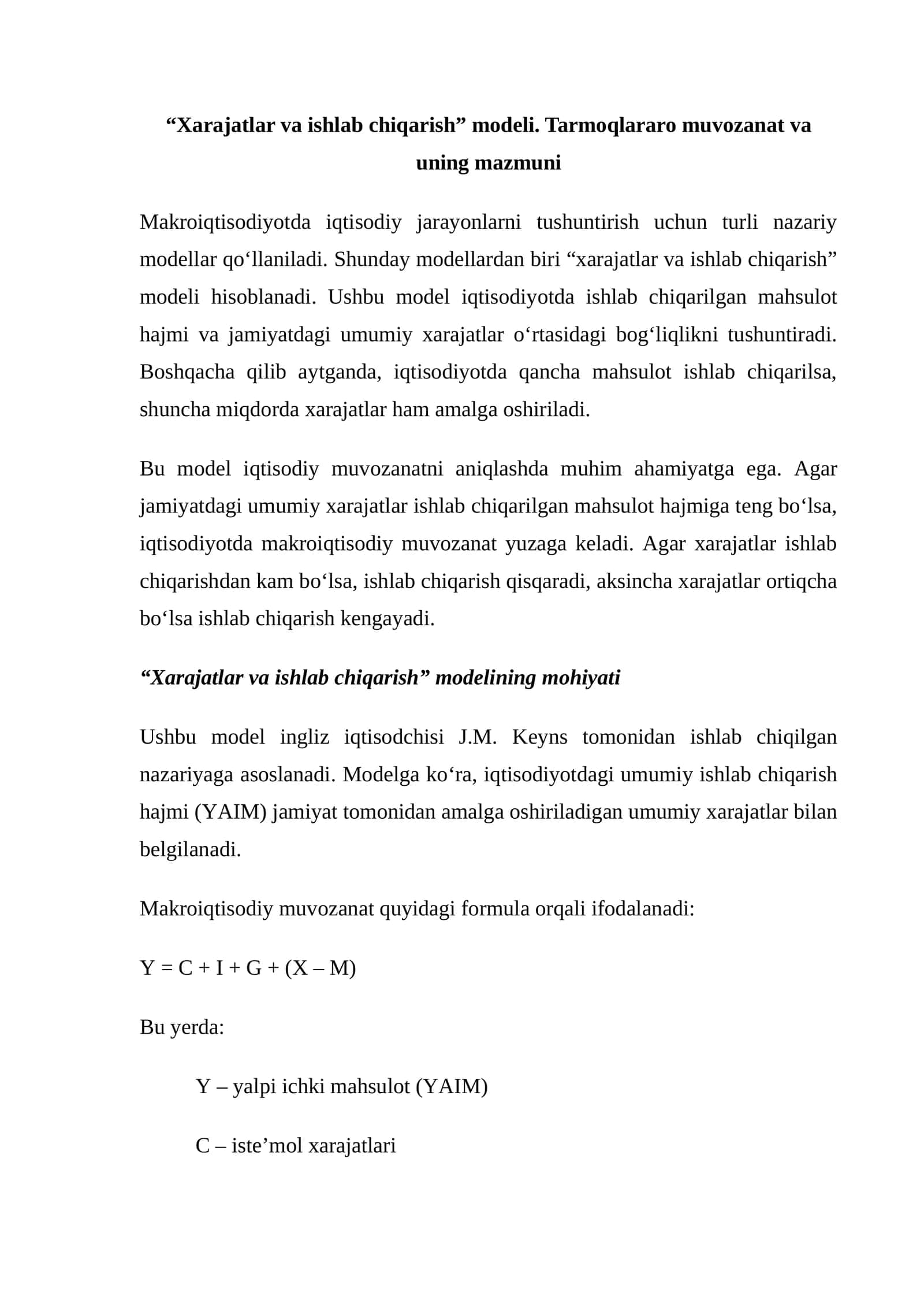 Xarajatlar va ishlab chiqarish modeli 1