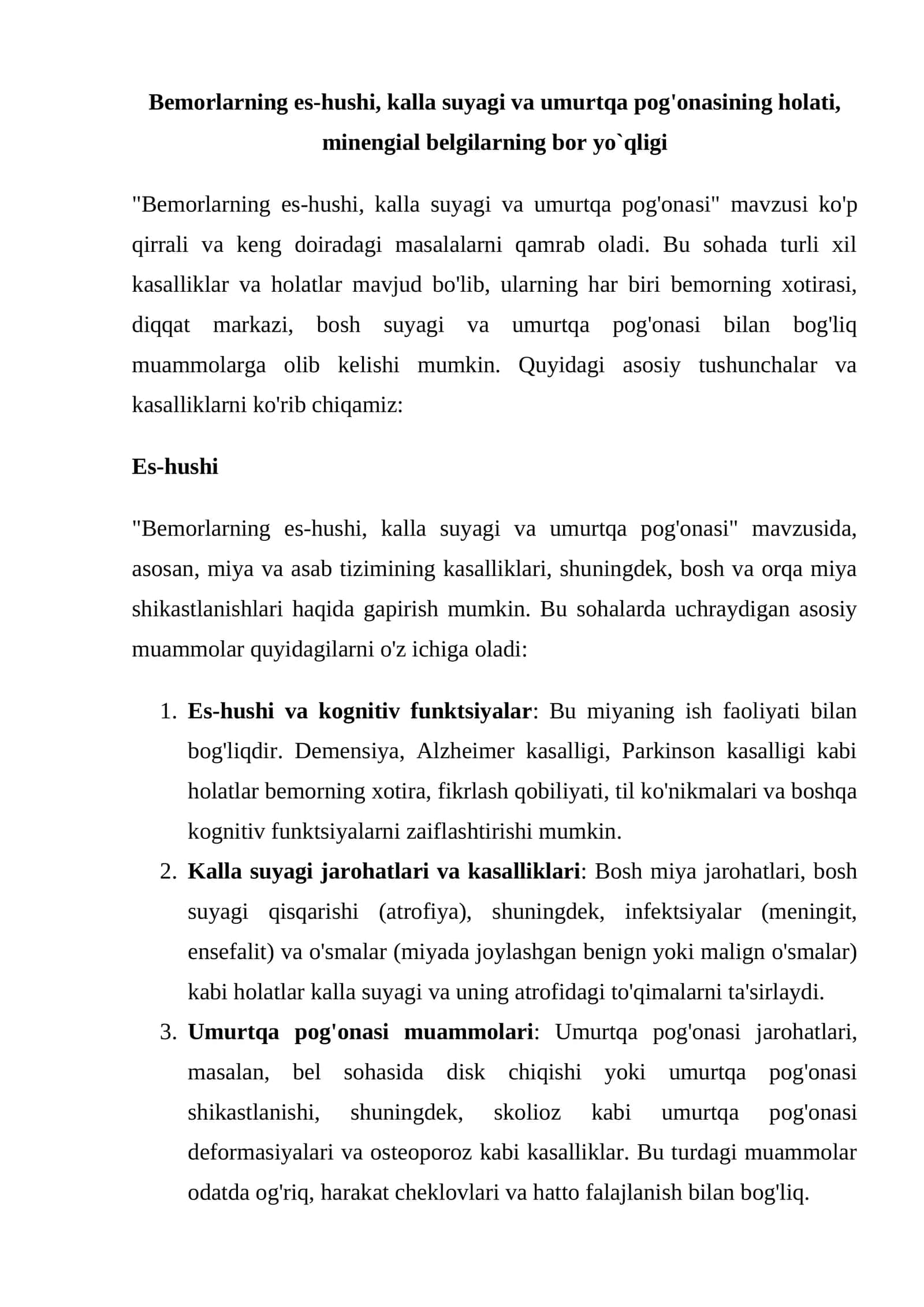 Bemorlarning es-hushi, kalla suyagi va umurtqa pog'onasi 1