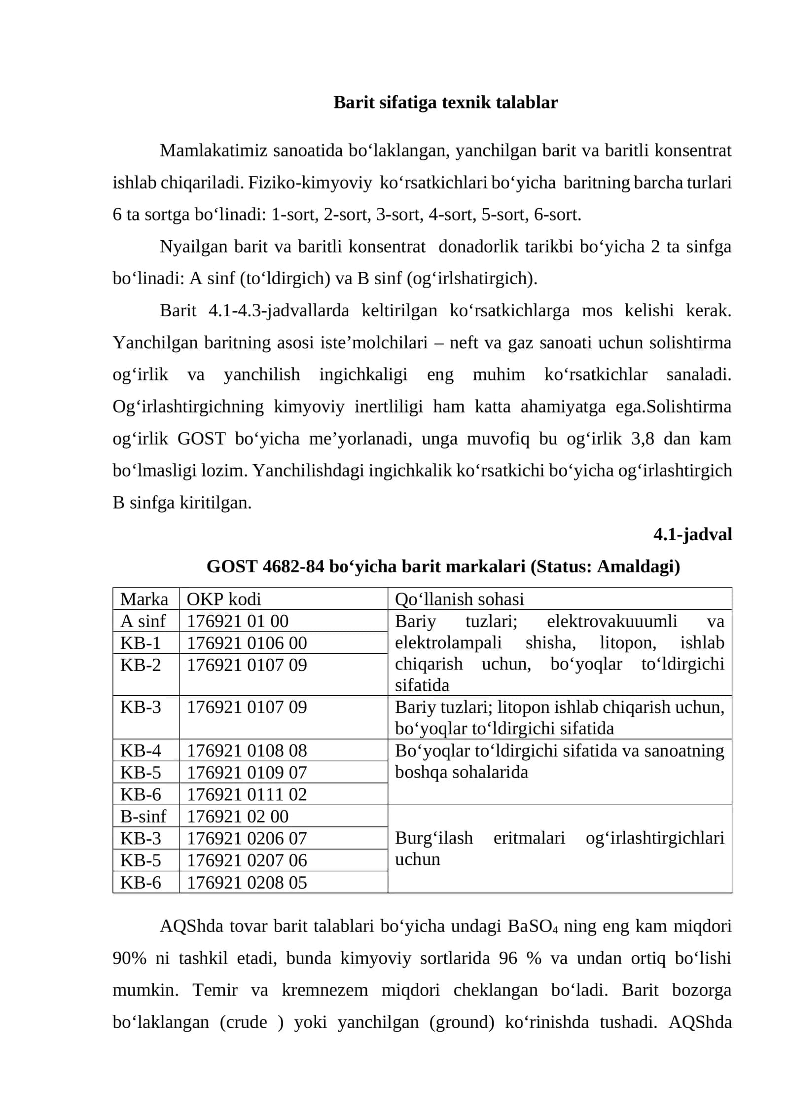 Barit sifatiga texnik talablar 1