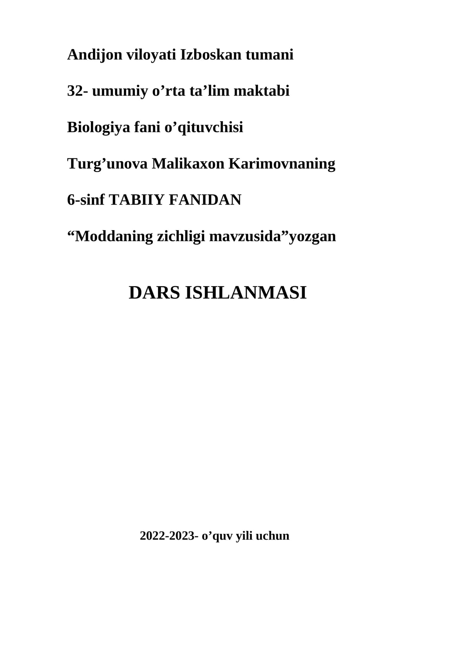 Biologiya fanidan Dars Ishlanmasi 1