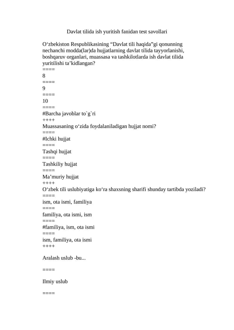 Davlat tilida ish yuritish fanidan test savollari 1
