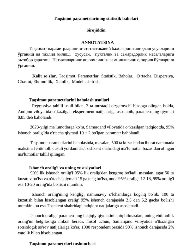 Taqsimot parametrlarining statistik baholari 1