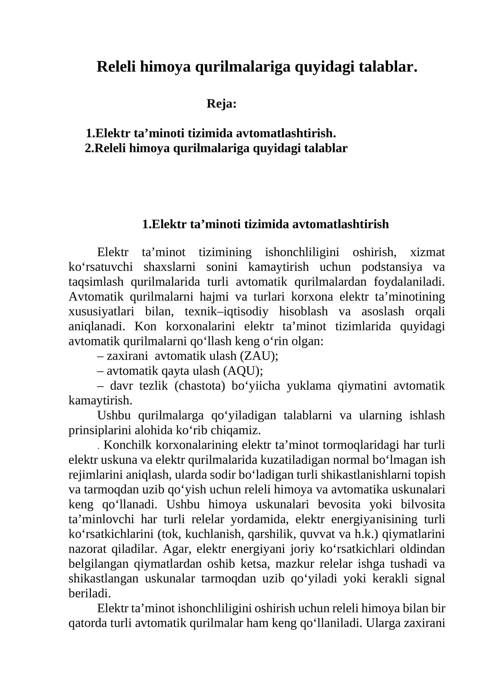 Releli himоya qurilmаlаrigа quyidаgi tаlаblаr 1