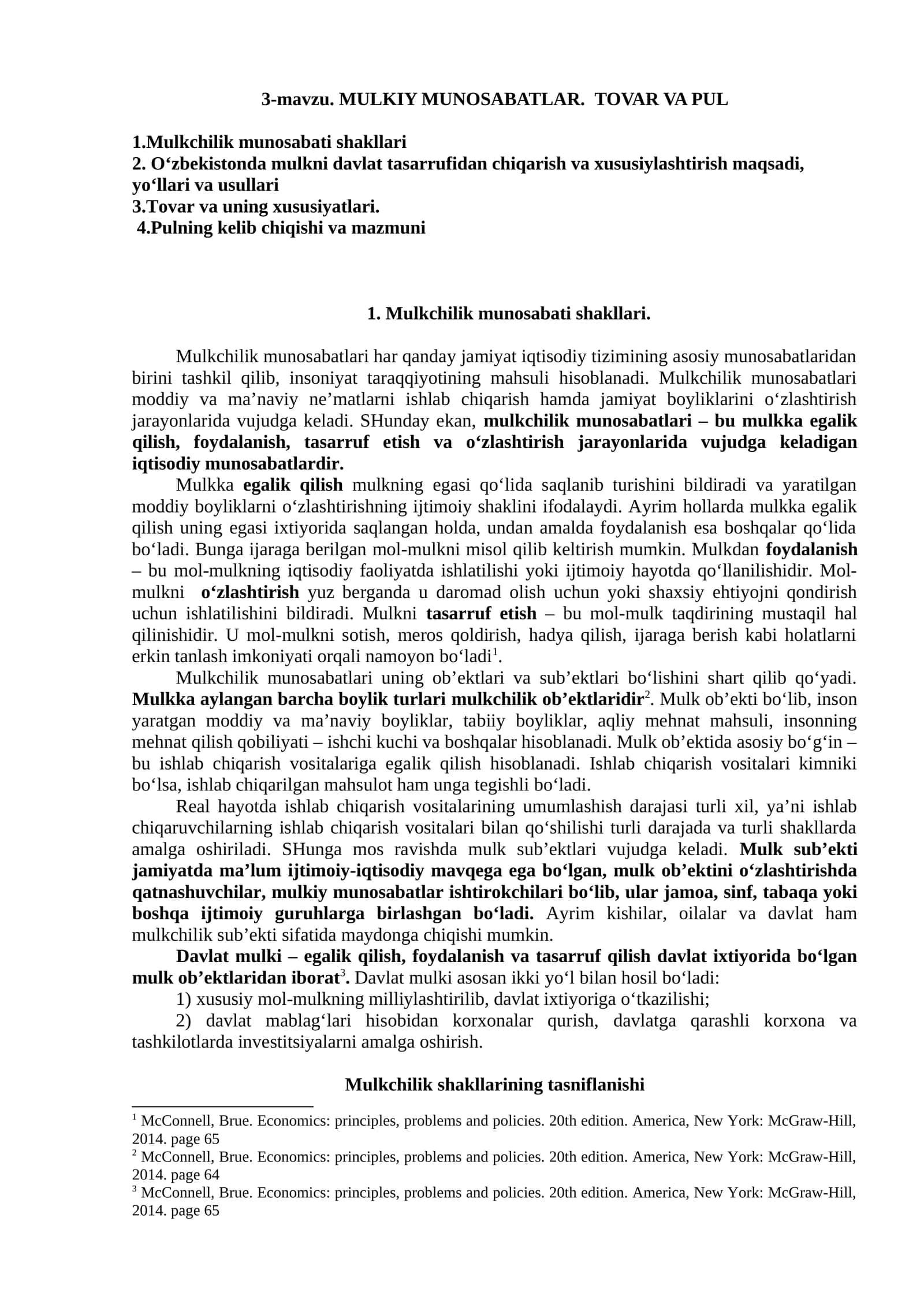 MULKIY MUNOSABATLAR. TOVAR va PUL 1
