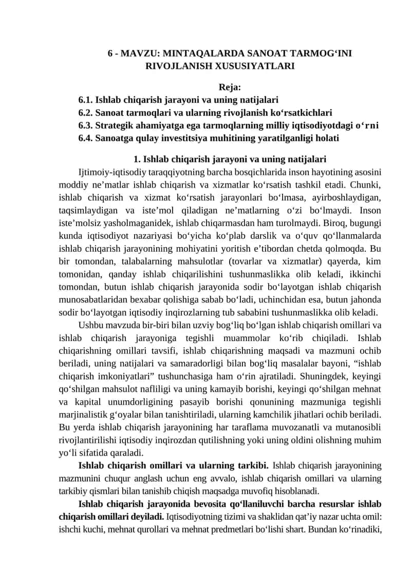 Mintaqalarda Sanoat Tarmogʻini Rivojlanish Xususiyatlari 1