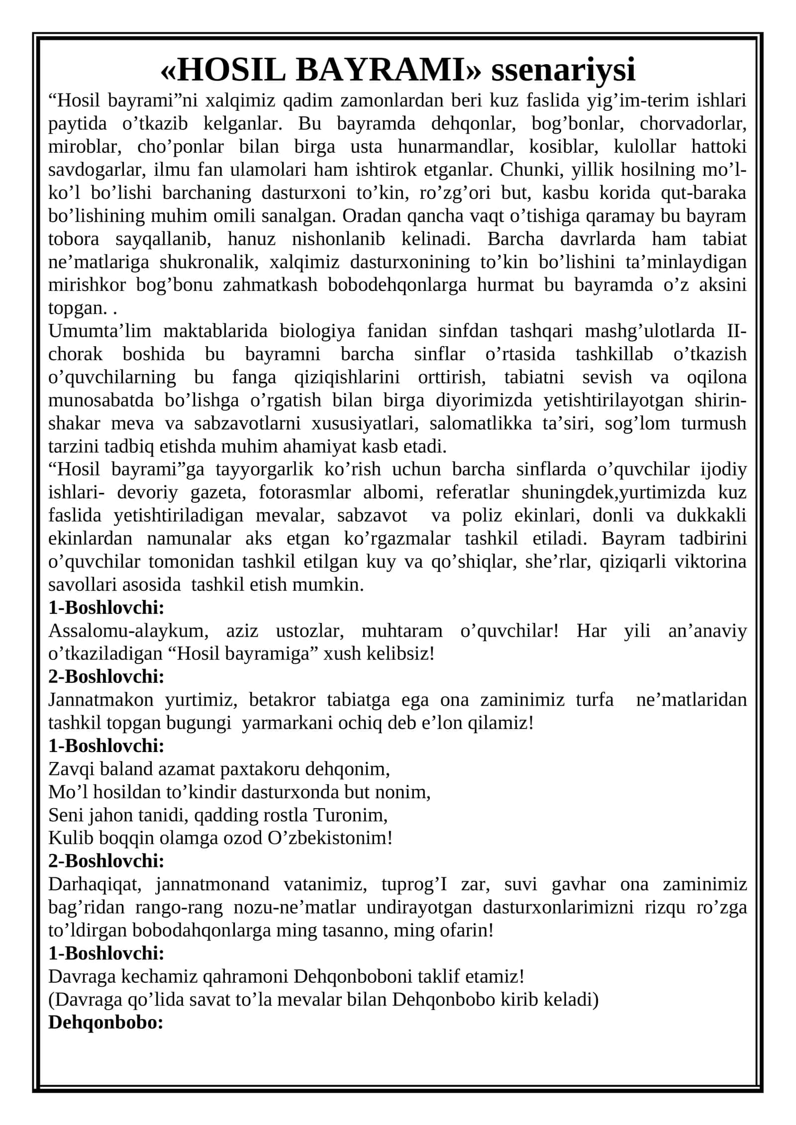 «HOSIL BAYRAMI» ssenariysi 1