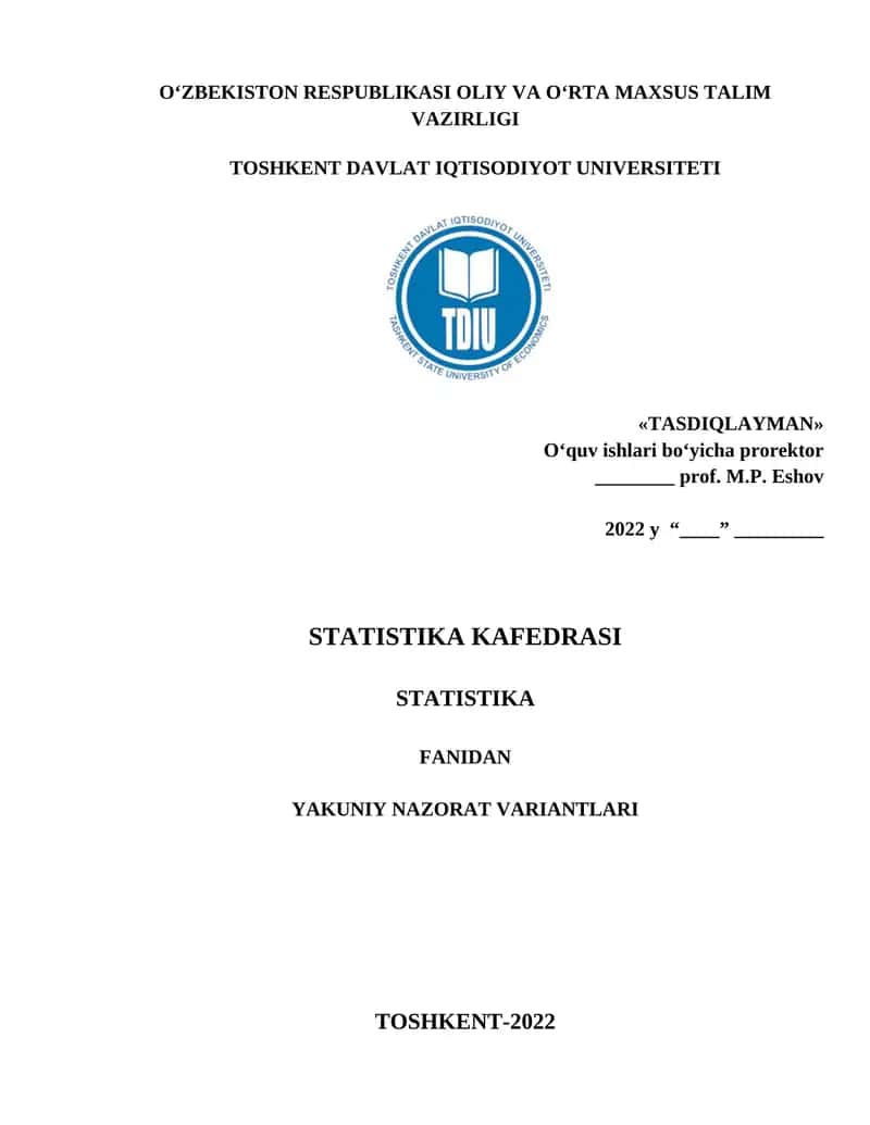 Statistika Fanidan Yakuniy Nazorat Variantlari 1