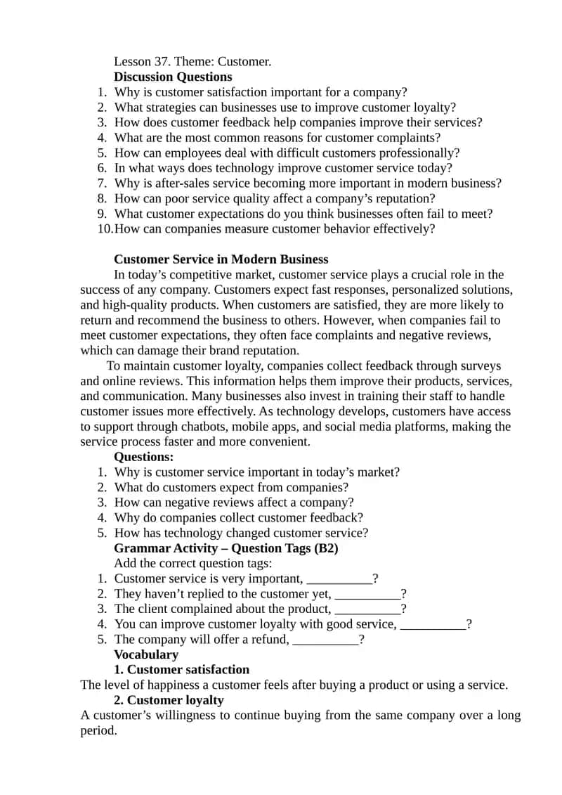 Lesson 37: Customer Service in Modern Business 1