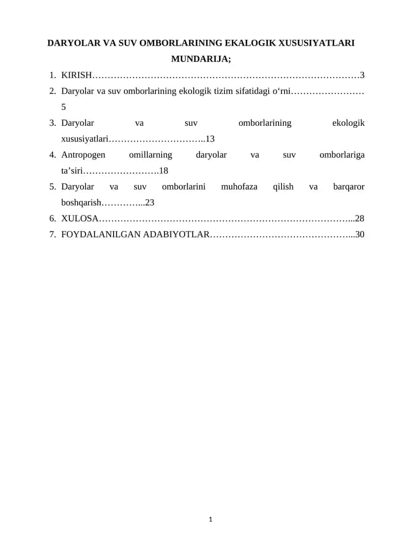 DARYOLAR VA SUV OMBORLARINING EKALOGIK XUSUSIYATLARI 1
