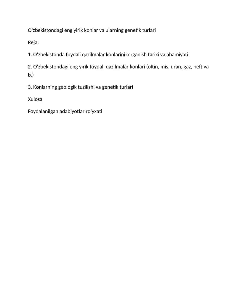 Oʻzbekistondagi eng yirik konlar va ularning genetik turlari 1
