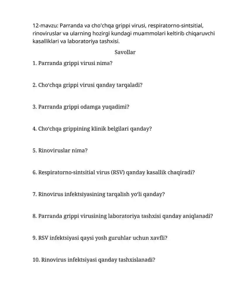 Parranda va cho'chqa grippi virusi, respiratorno-sintsitial, rinoviruslar