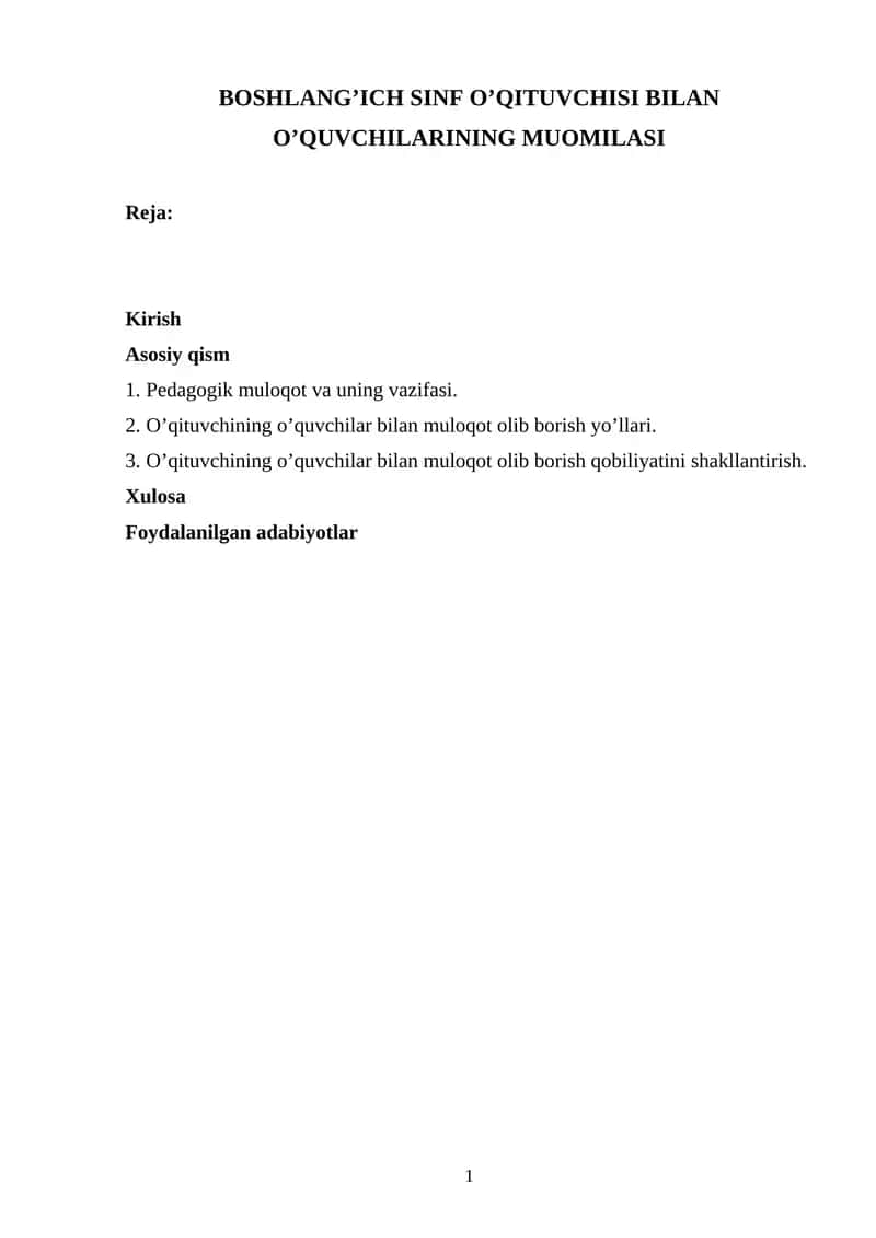 BOSHLANG’ICH SINF O’QITUVCHISI BILAN O’QUVCHILARINING MUOMILASI 1